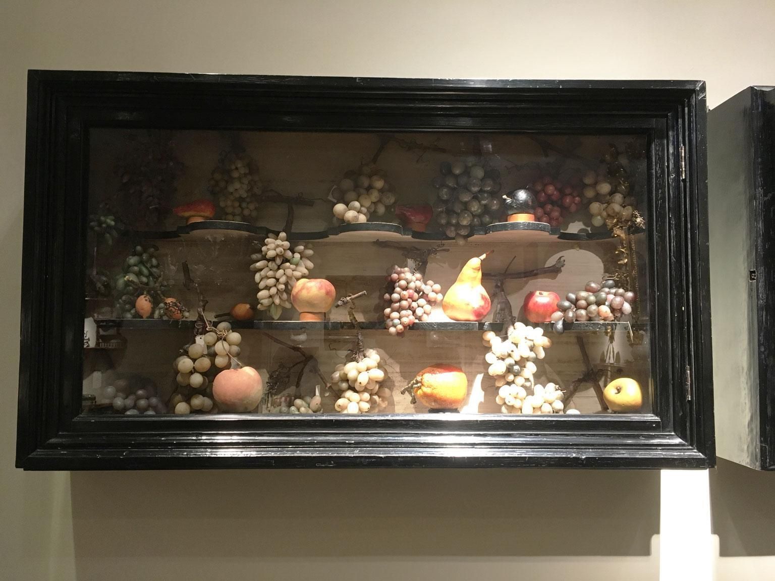 1850 Italy Pair Wunderkammer Vitrines With Natural Faux Fruits In Baroque Style photo for sale