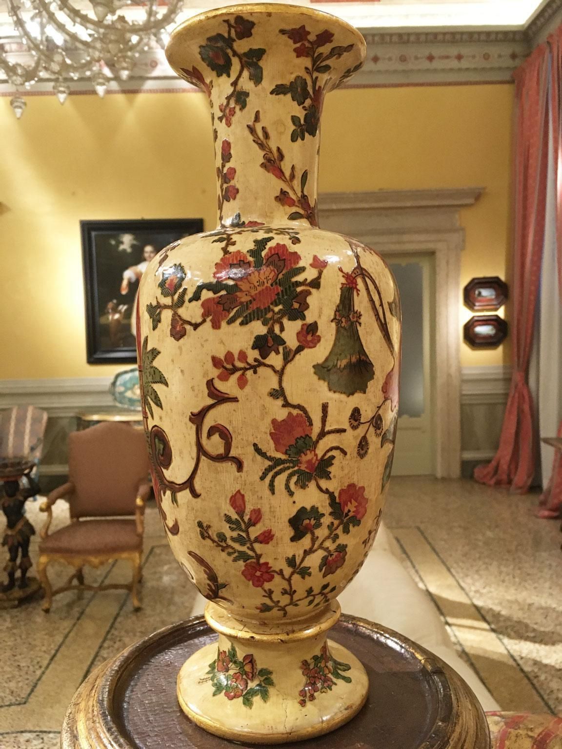 Italy Late 18th Century Pair Yellow Lacquered On Silk Wooden Vases With Flowers photo buy