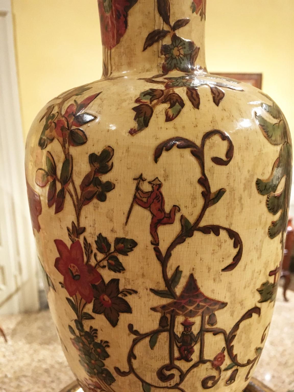 photo for sale Italy Late 18th Century Pair Yellow Lacquered On Silk Wooden Vases With Flowers