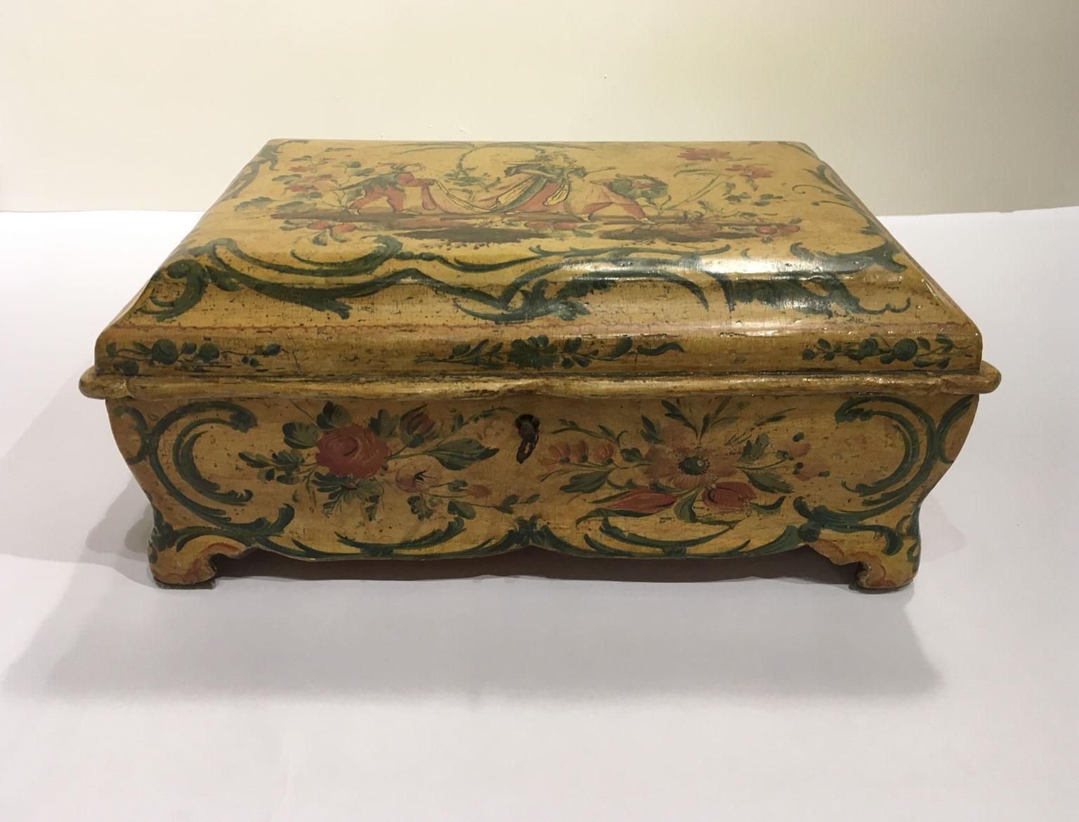 1750 Venezia Italy Rococo Lacquered Wooden Yellow Box And Jewelry Case photo for sale