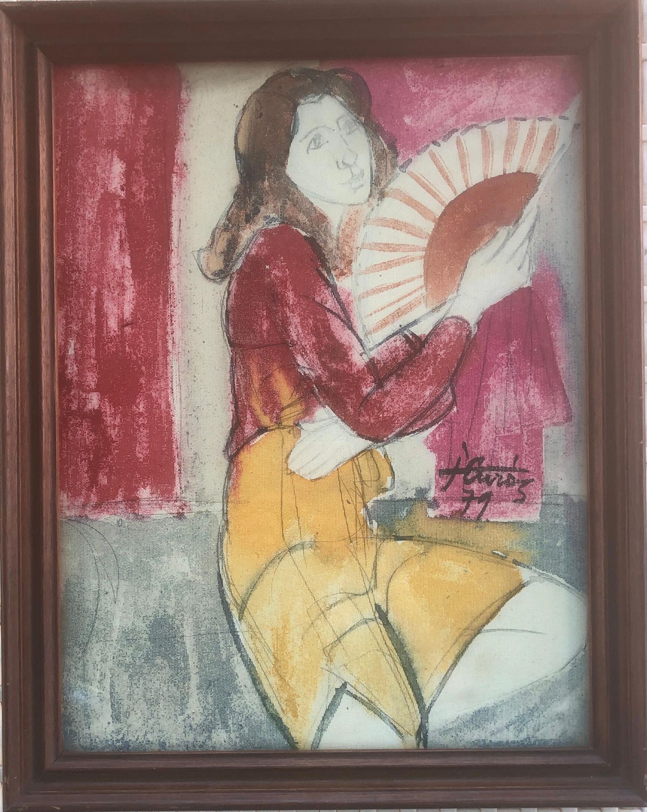 Jordi Curos Woman With Fan Mixed Media Painting 1979 photo furniture