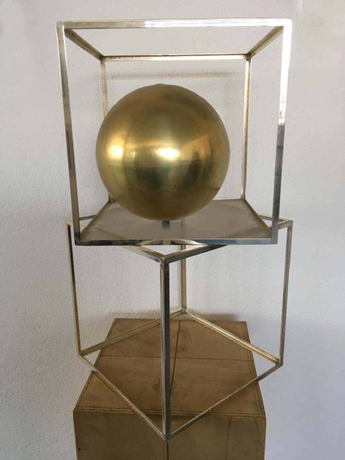 Italy 1980 Abstract Sculpture Sphere In Brass Natural Wood And Metal Chrome photo 3994.0