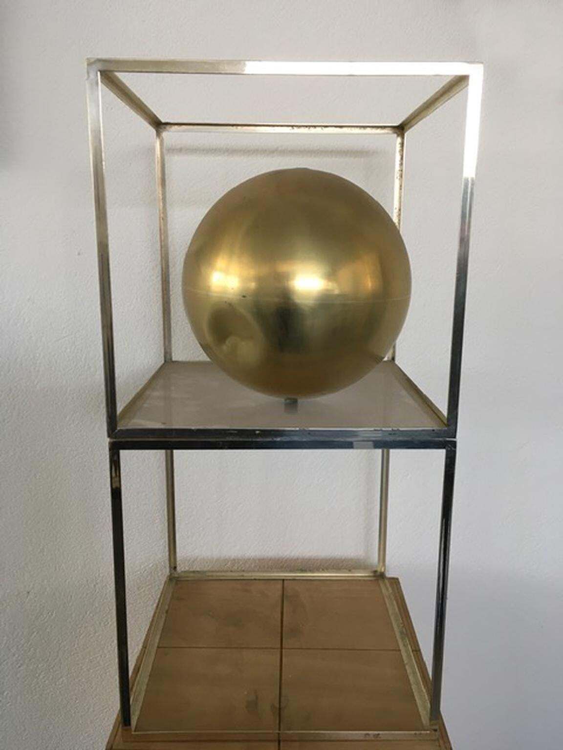 Italy 1980 Abstract Sculpture Sphere In Brass Natural Wood And Metal Chrome photo vinterior