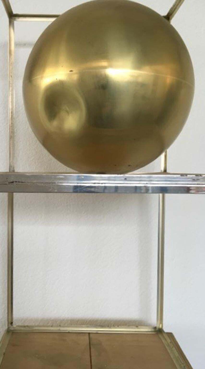 photo vinterior Italy 1980 Abstract Sculpture Sphere In Brass Natural Wood And Metal Chrome