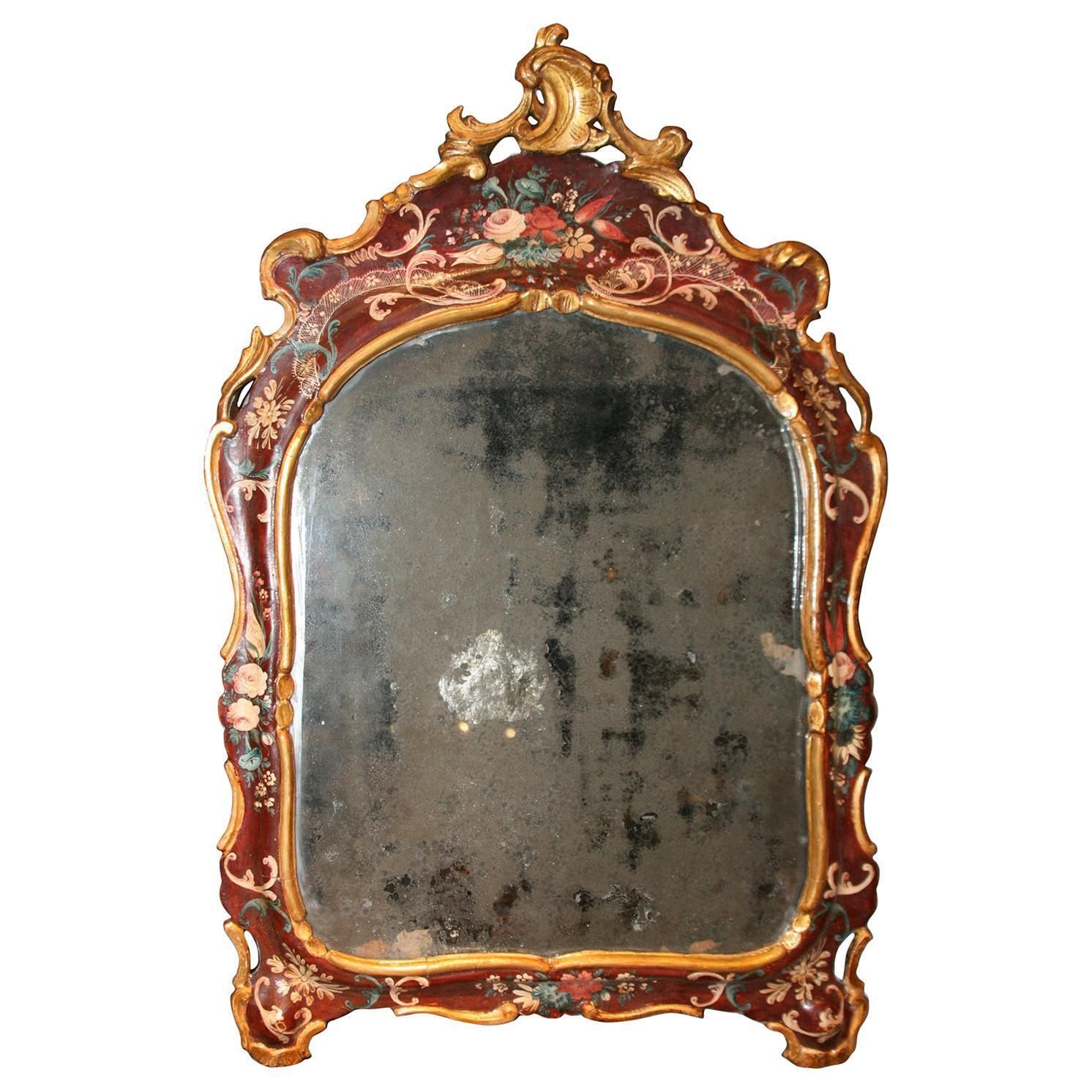 Venice Italy Mid 18th Century Red Wooden Lacquered Mercury Glass Mirror
