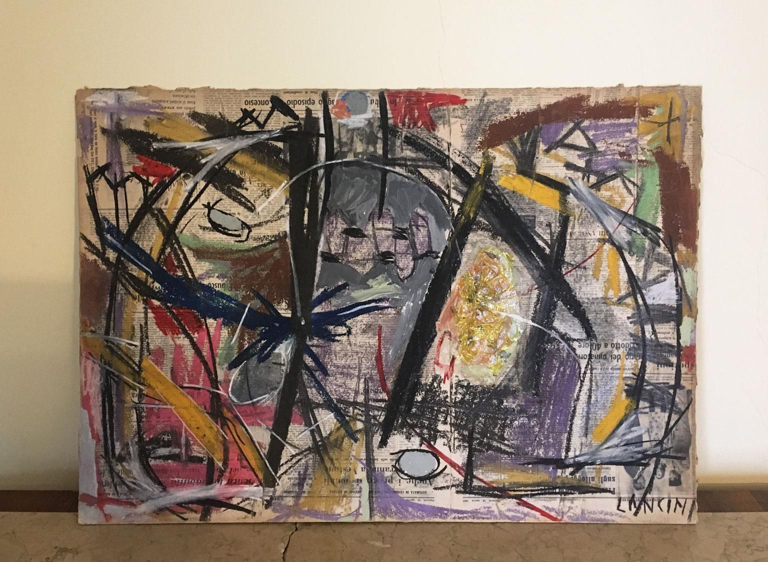1962 Italy Abstract Pastel Painting And Paper Collage By Ermete Lancini photo furniture
