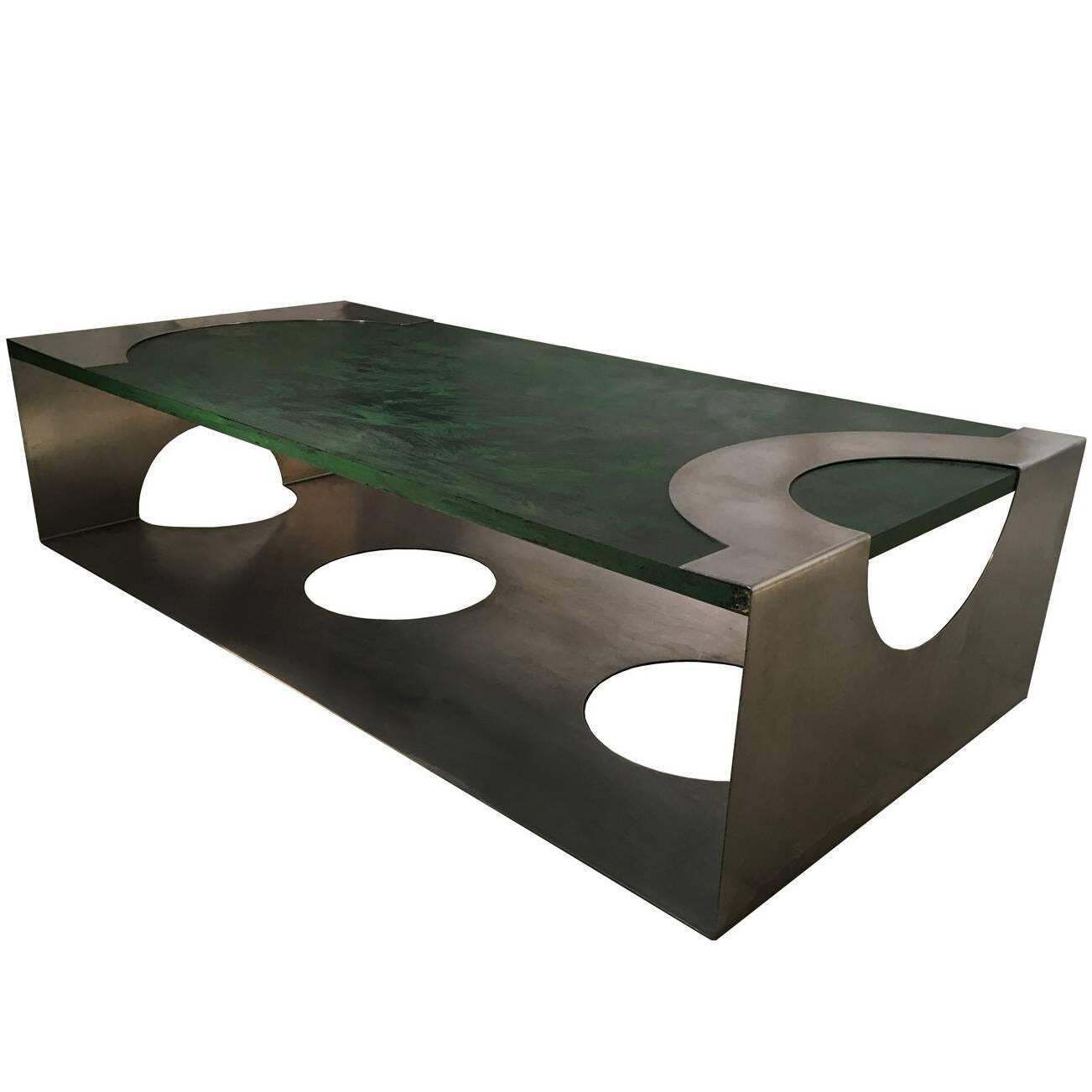 1970 Post Modern Green Patinated Wood And Stainless Steel Coffee Table