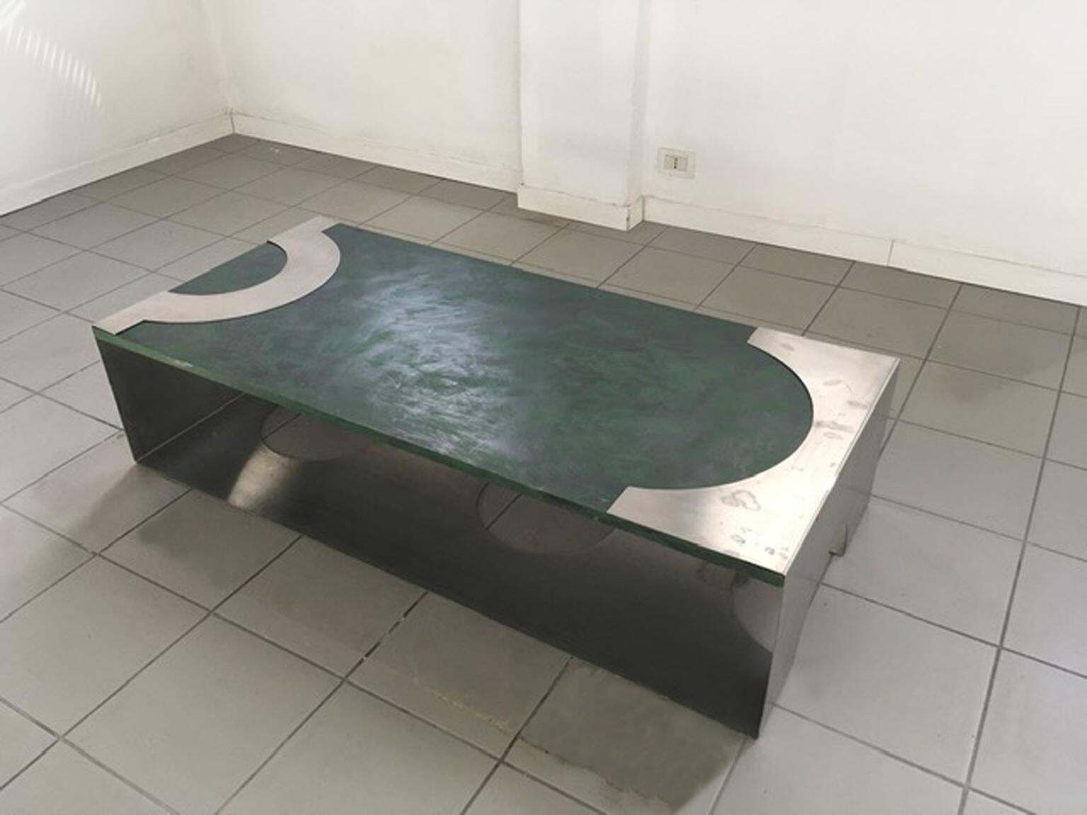 photo furniture 1970 Post Modern Green Patinated Wood And Stainless Steel Coffee Table