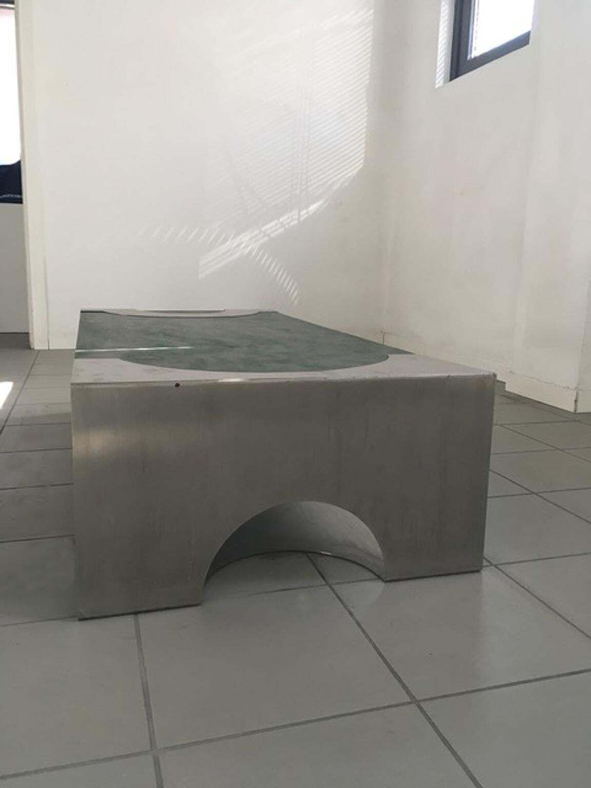 Furniture 1970 Post Modern Green Patinated Wood And Stainless Steel Coffee Table photo