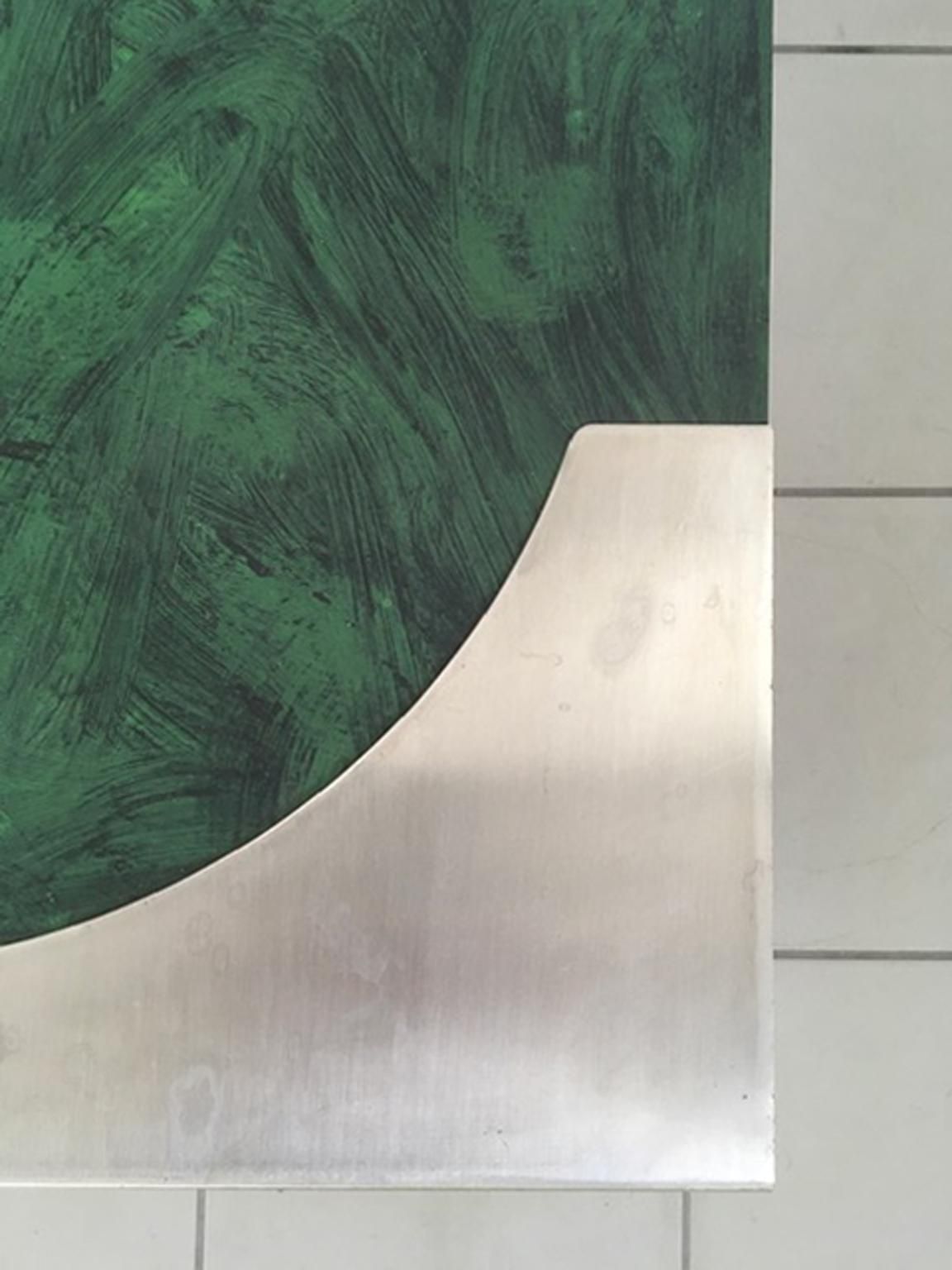 photo vinterior 1970 Post Modern Green Patinated Wood And Stainless Steel Coffee Table