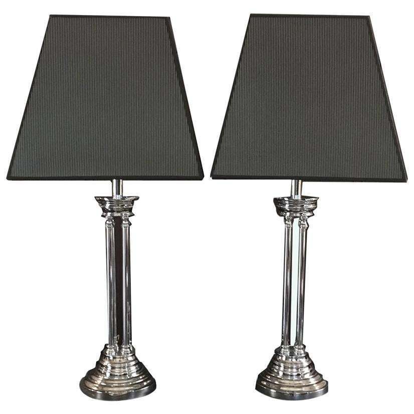 Pair Columned Table Lamps Chrome Finish With Silk Black White Lampshades