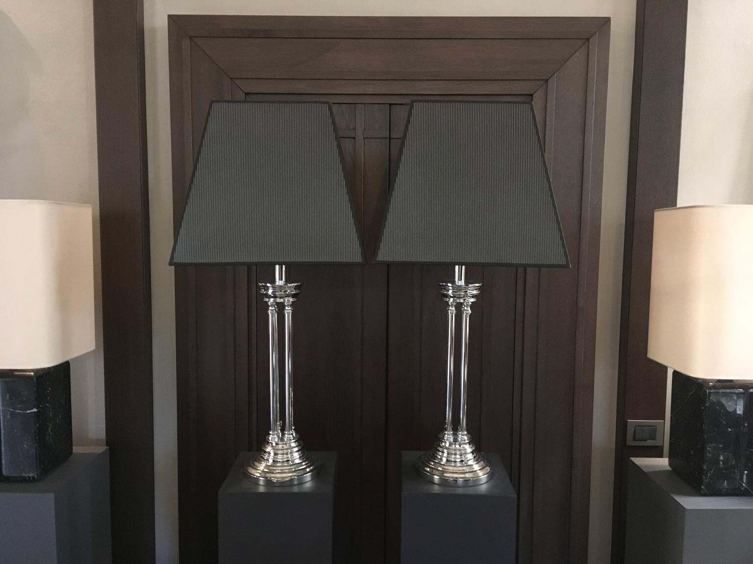 Pair Columned Table Lamps Chrome Finish With Silk Black White Lampshades photo furniture