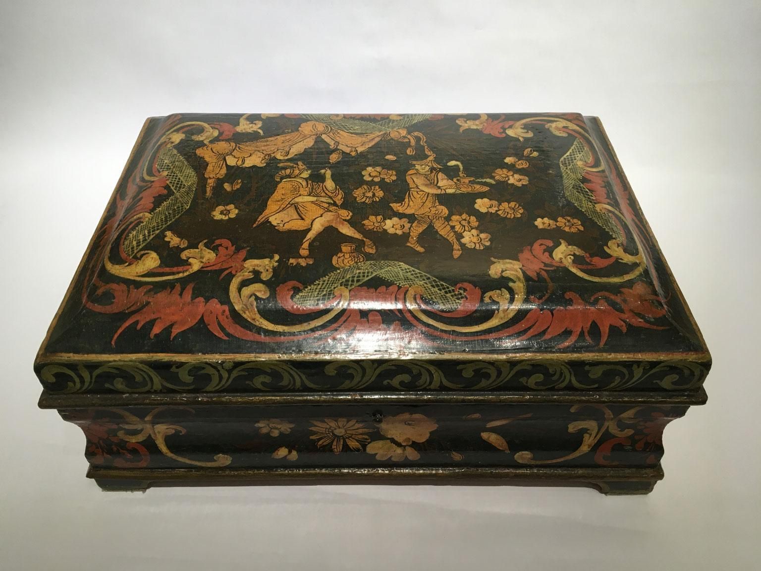 1750 Venezia Italy Lacquered Dark Blue Wooden Box With Golden Decoration photo furniture