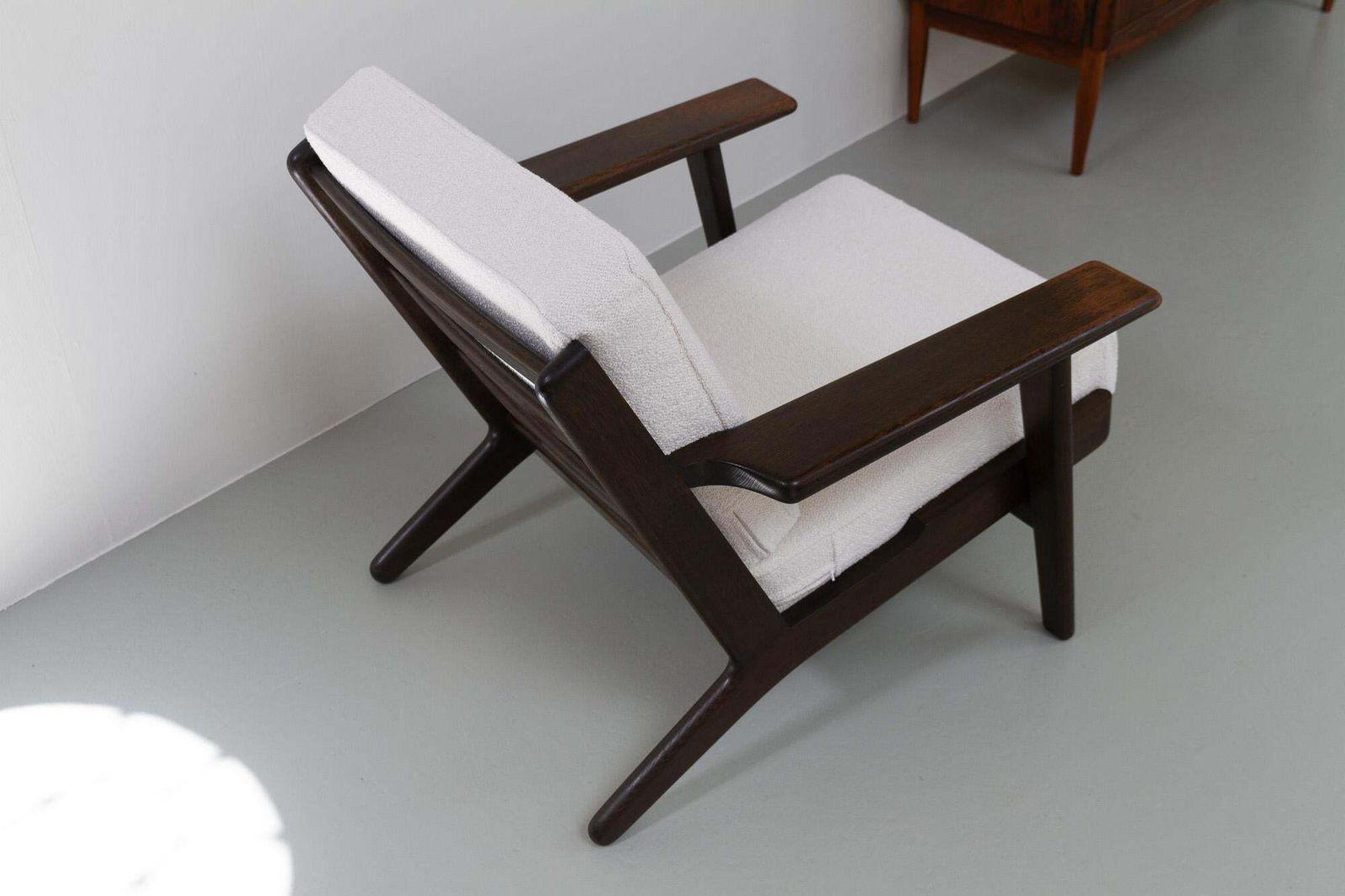 photo for sale Vintage Danish Oak And Bouclé Lounge Chair Ge290 By Hans J. Wegner, 1960s