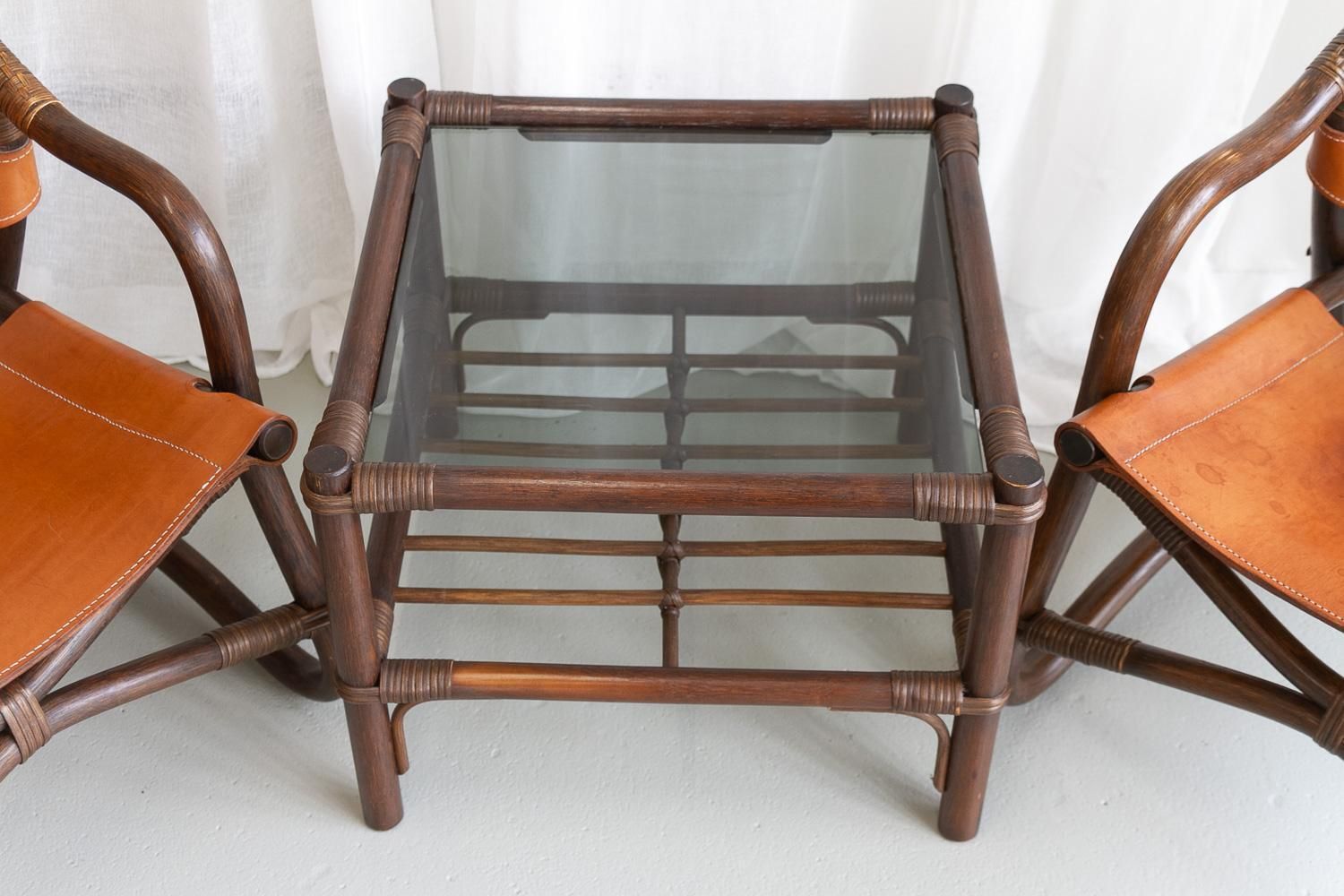 Danish Modern Bamboo And Leather Lounge Chairs & Table By Horsnæs, 1960s. photo buy