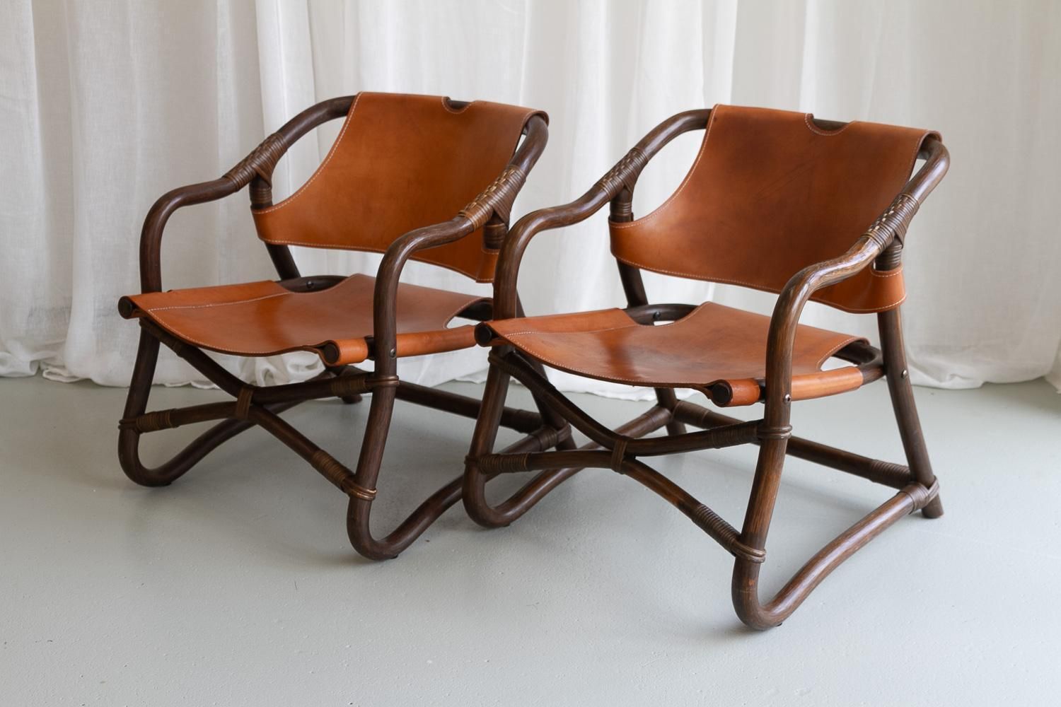 Danish Modern Bamboo And Leather Lounge Chairs & Table By Horsnæs, 1960s. photo vintage