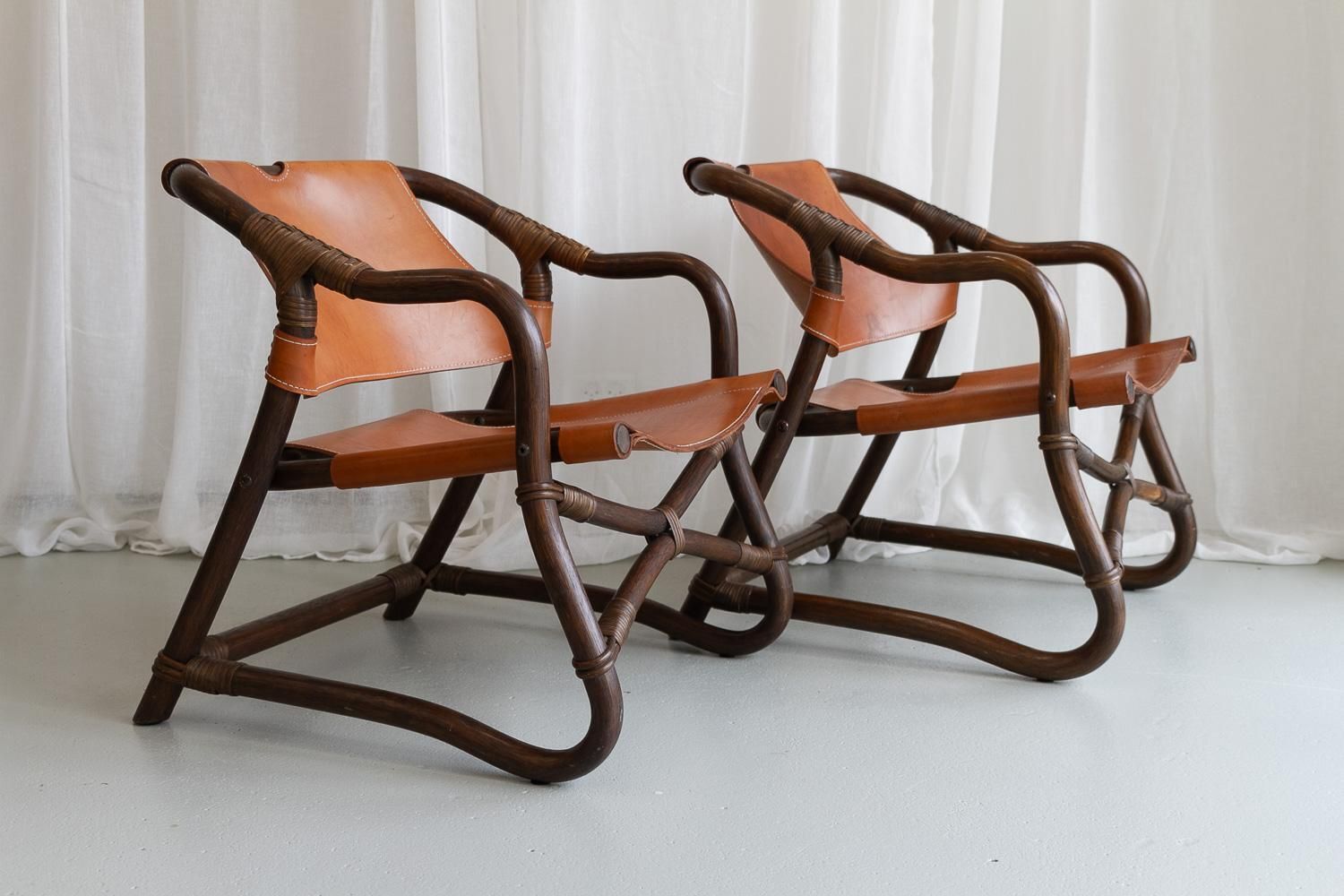 photo for sale Danish Modern Bamboo And Leather Lounge Chairs & Table By Horsnæs, 1960s.