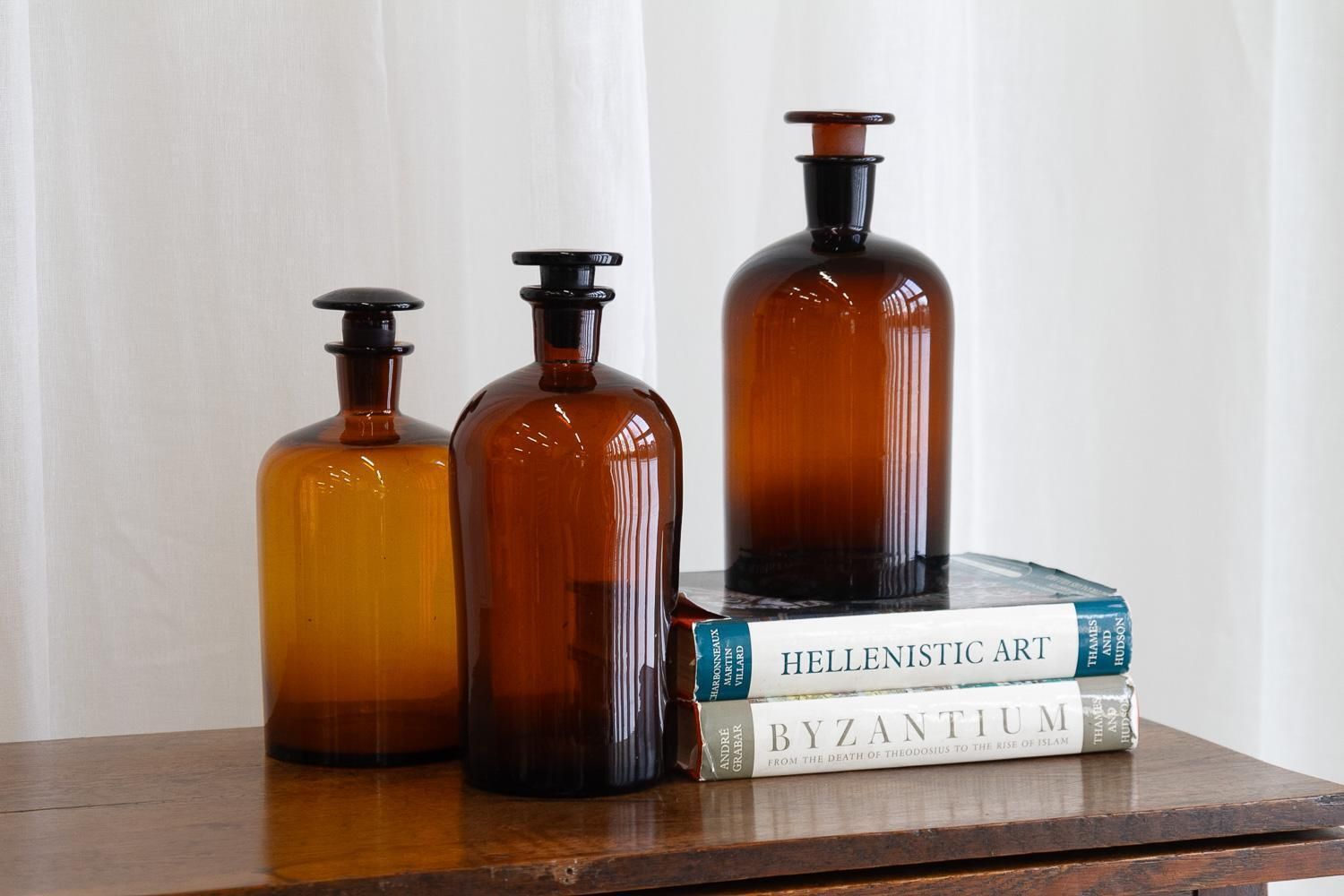 photo vintage Large Antique Danish Pharmacy Glass Bottles, 1900s. Set Of 3.