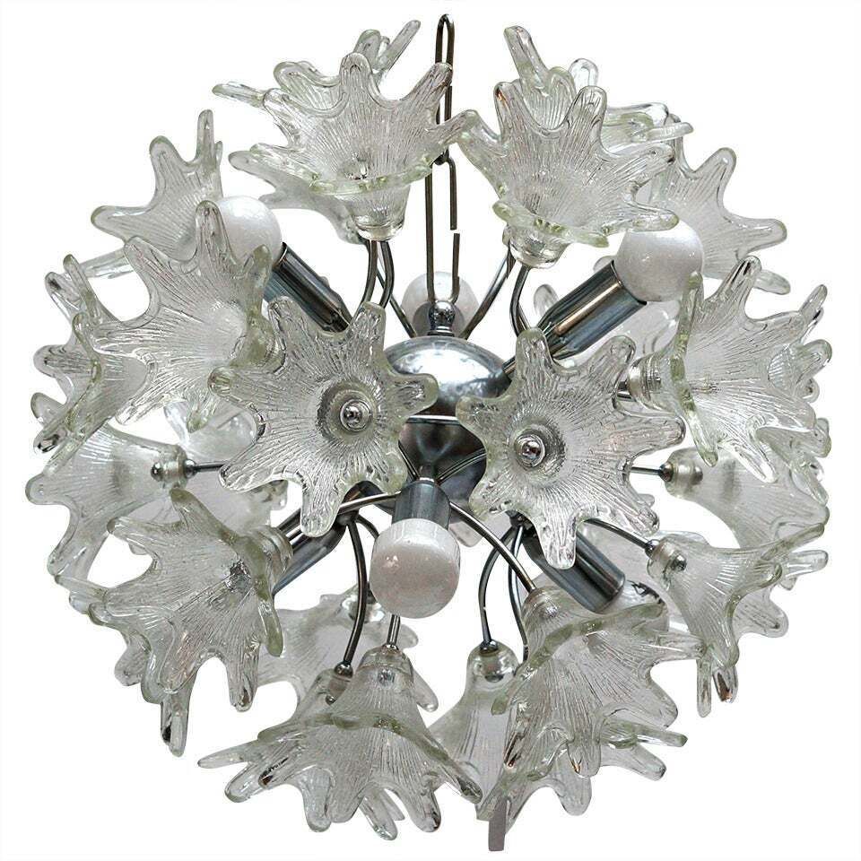 Two Murano Floral Sputnik Chandeliers With Textured Clear Petals