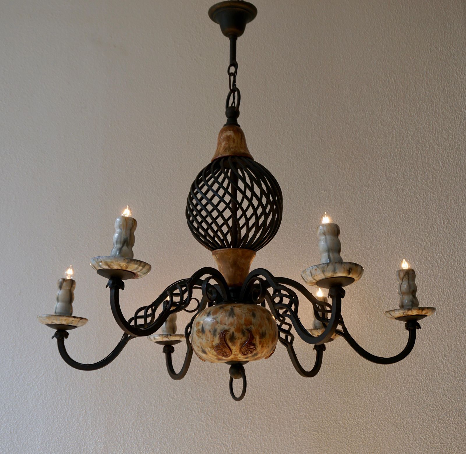 Rare Belgium Art Deco Ceramic And Wrought Iron Chandelier By A Dubois, Belgium photo furniture