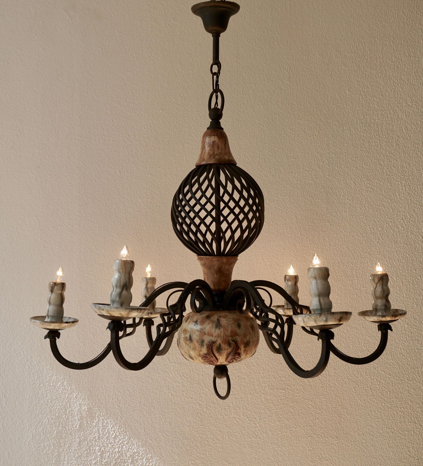 Rare Belgium Art Deco Ceramic And Wrought Iron Chandelier By A Dubois, Belgium photo Lighting