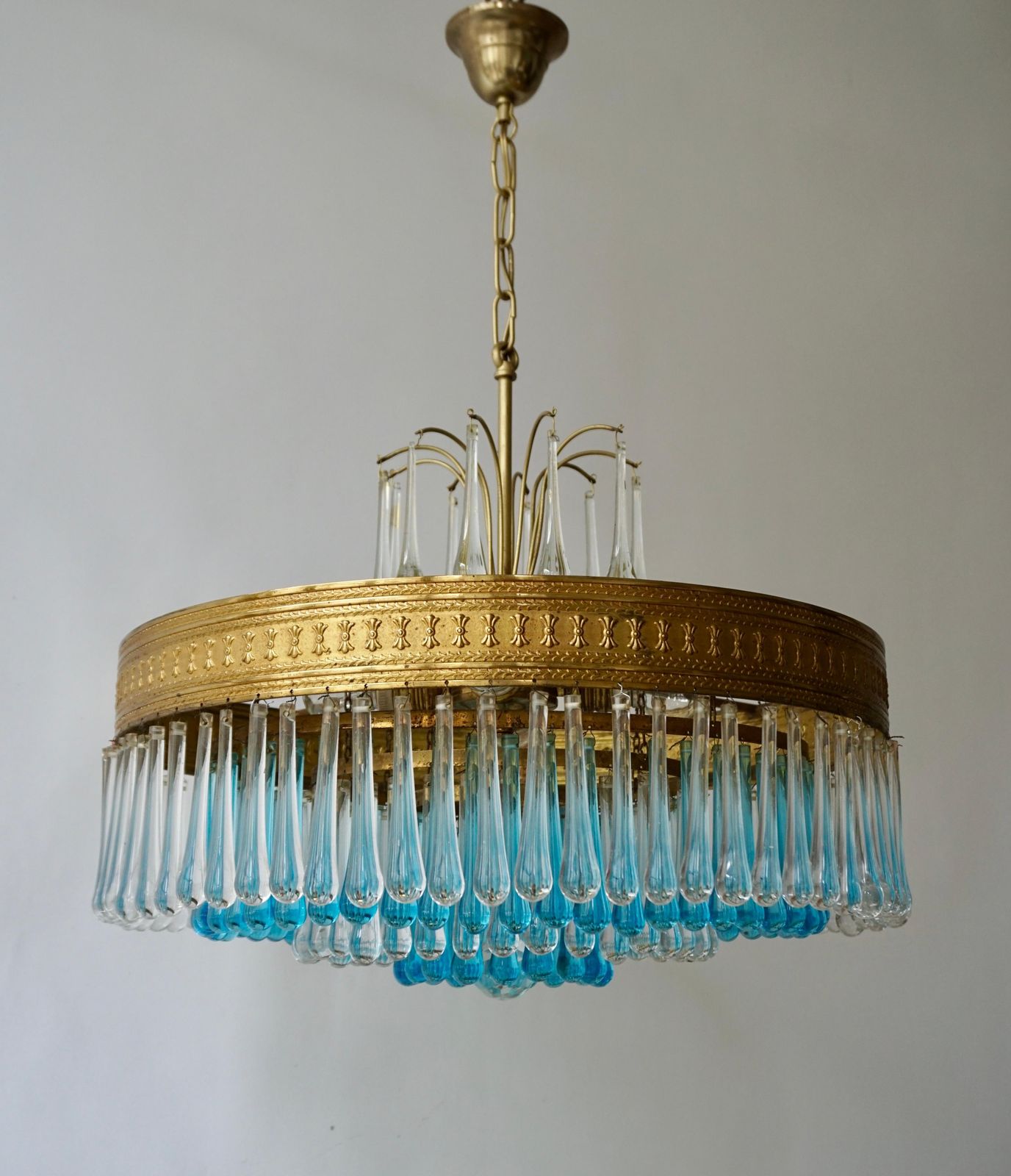 Hollywood Teardrop And Crystal Ball Chandelier With Brass And Hand Blown Glass photo for sale