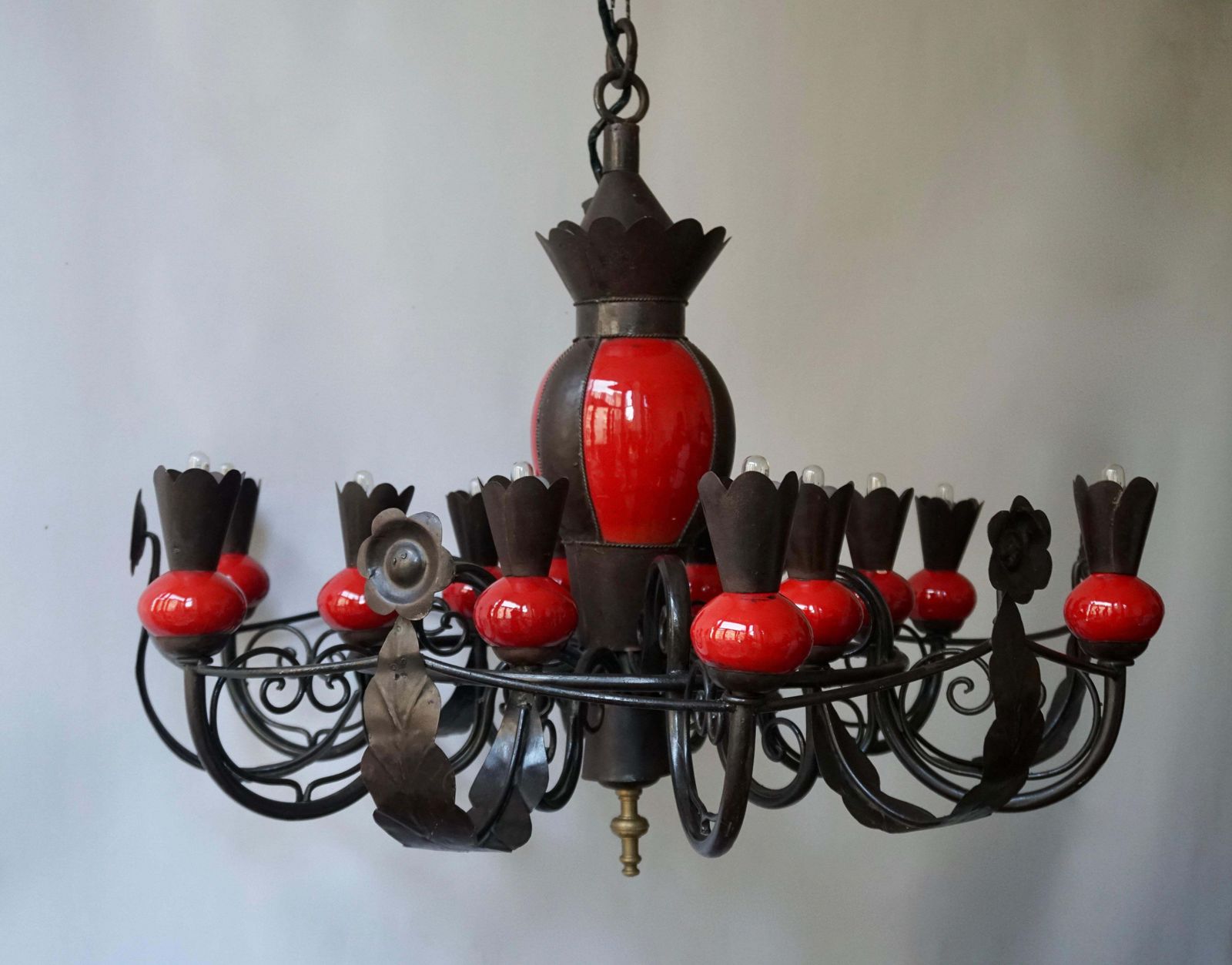 Beautiful Large 1950s Wrought Iron And Red Ceramic Chandelier photo for sale