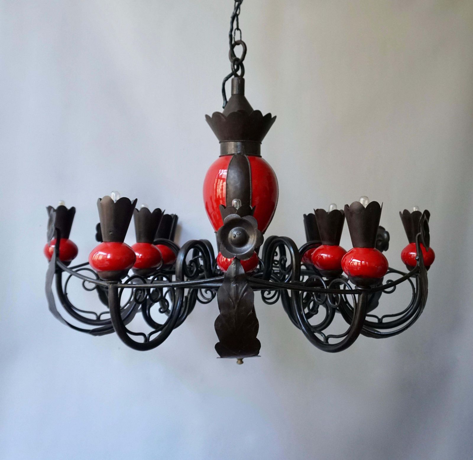 Beautiful Large 1950s Wrought Iron And Red Ceramic Chandelier photo vinterior