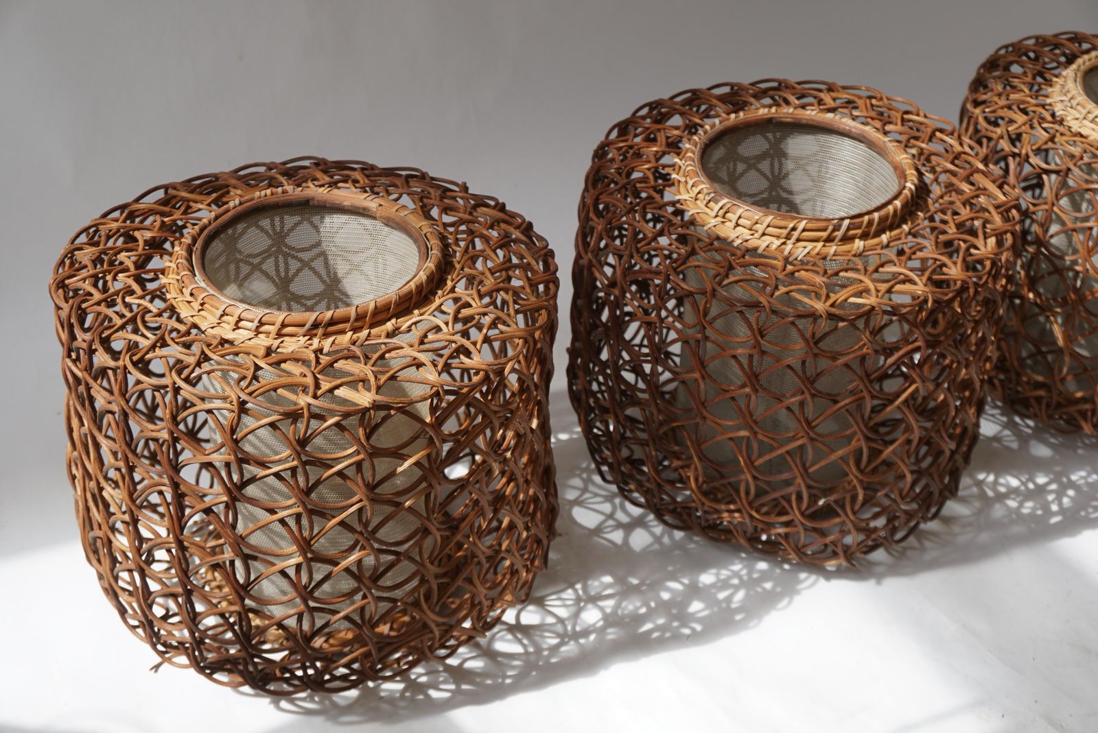 photo for sale Three French 1950s Vintage Rattan Pendant Light