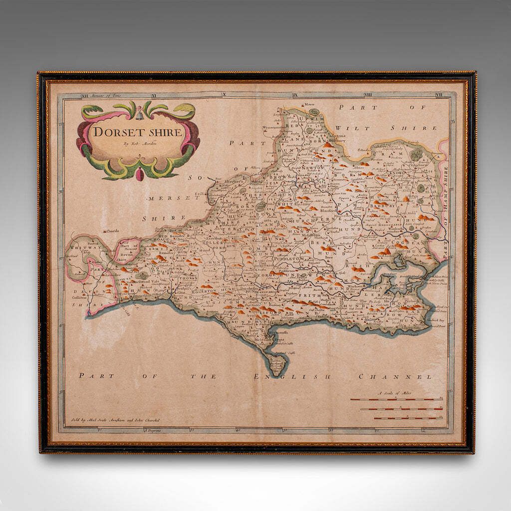 Large Antique 17th Century Dorset Map Framed Cartography Atlas Robert Morden photo furniture