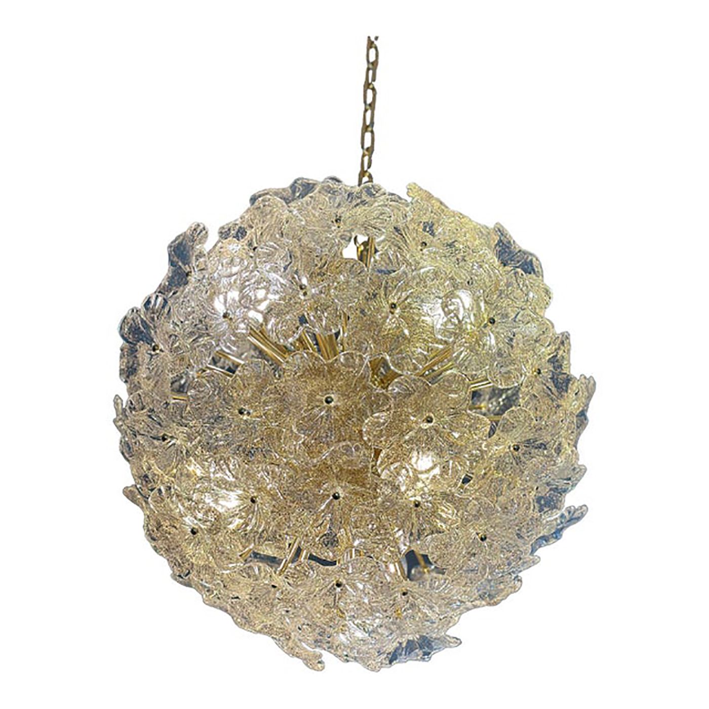 Italian Murano Style Glass Chandelier Sputnik In Gold And Clear And Gold Flowers