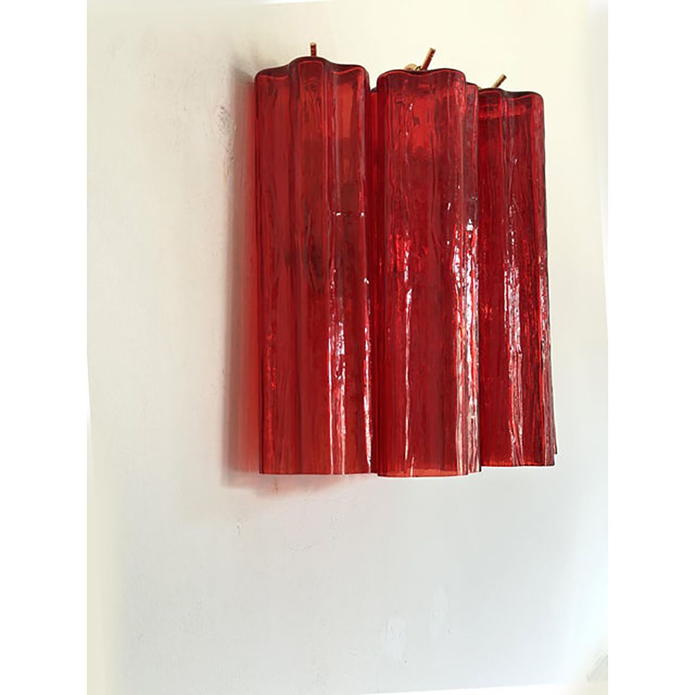 Set Of Two Contemporary Red "Tronchi" Murano Style Glass Wall Sconces In Venini Style photo 3599.97