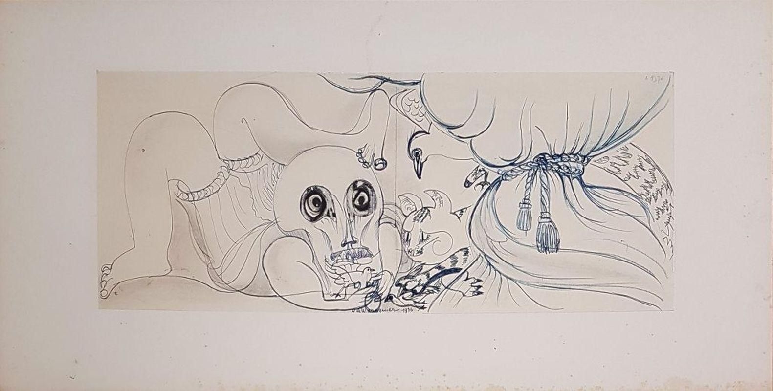 Henry De Waroquier Vanity : The Cat, The Dove And The Death   Original Drawing, Handsigned 1936