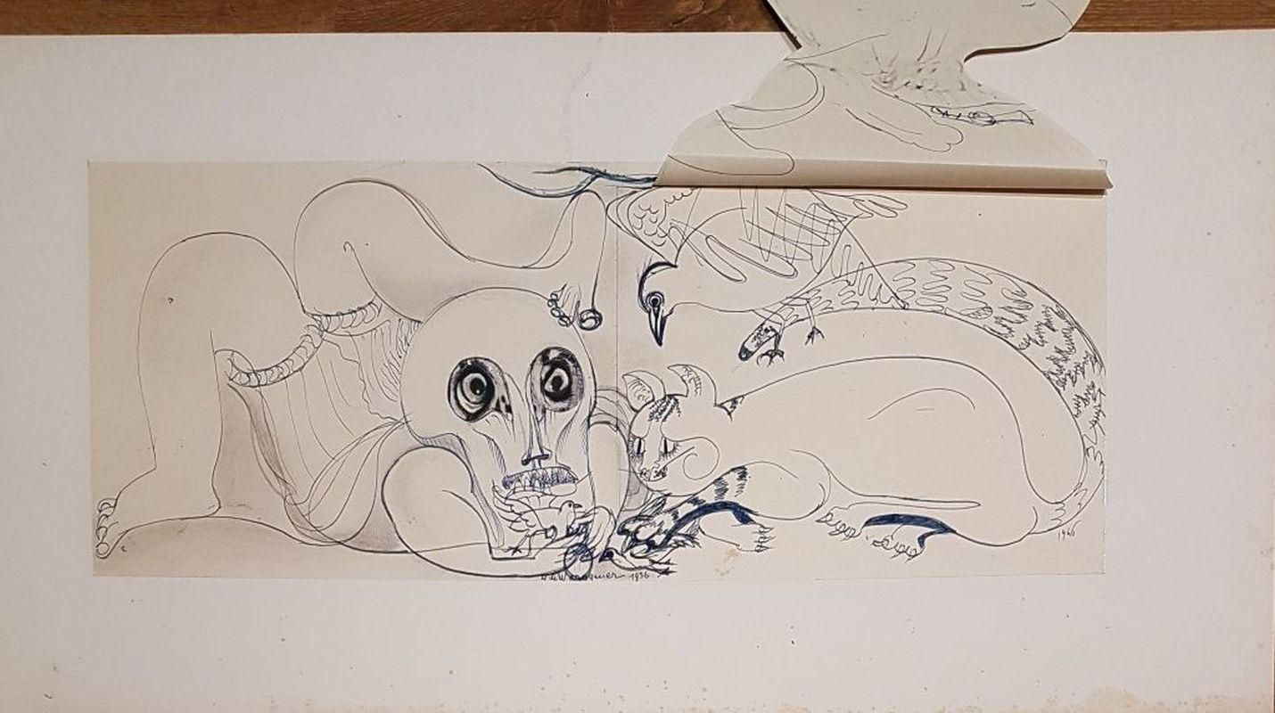 Henry De Waroquier Vanity : The Cat, The Dove And The Death   Original Drawing, Handsigned 1936 photo furniture