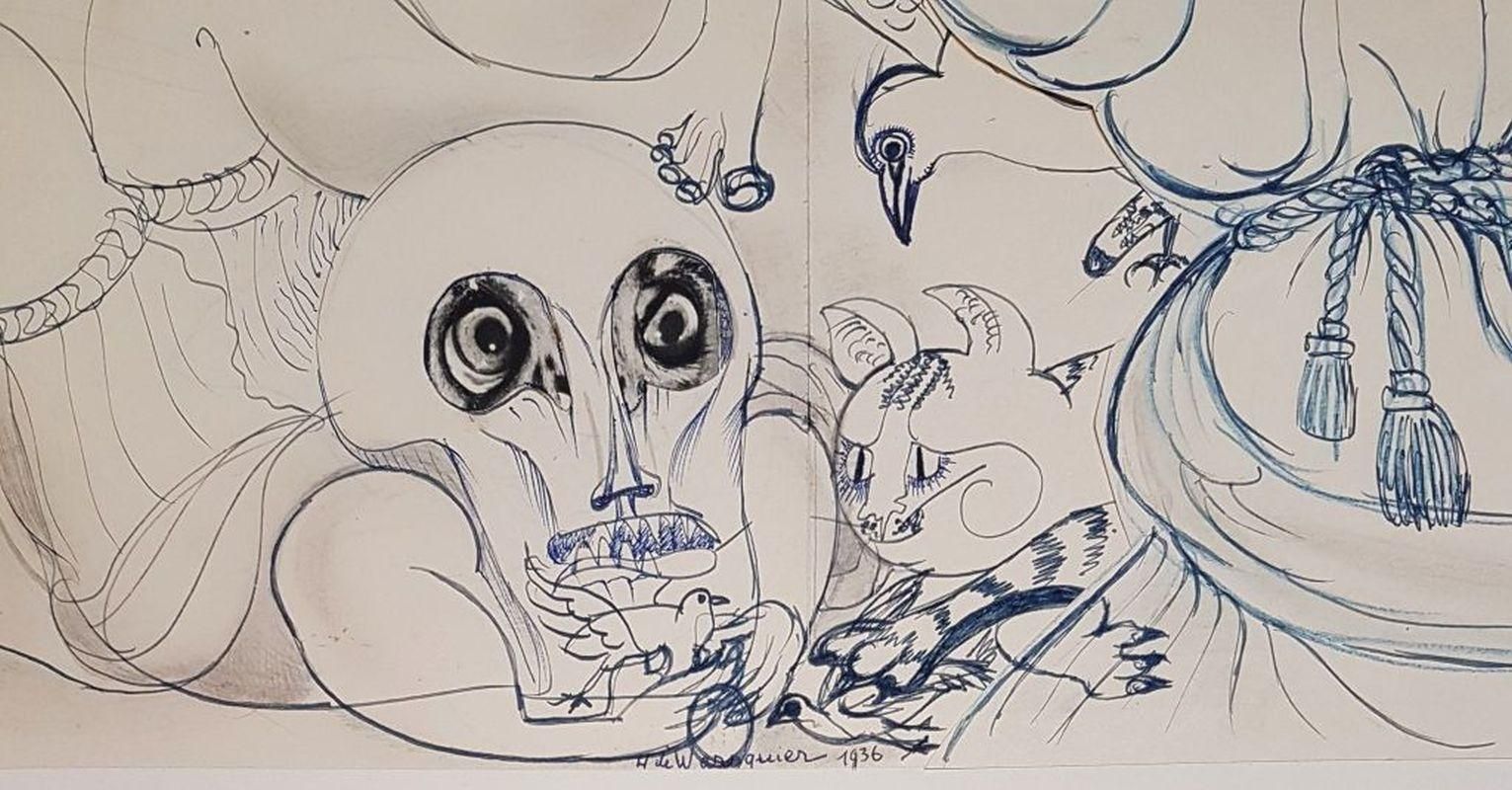 Henry De Waroquier Vanity : The Cat, The Dove And The Death   Original Drawing, Handsigned 1936 photo for sale