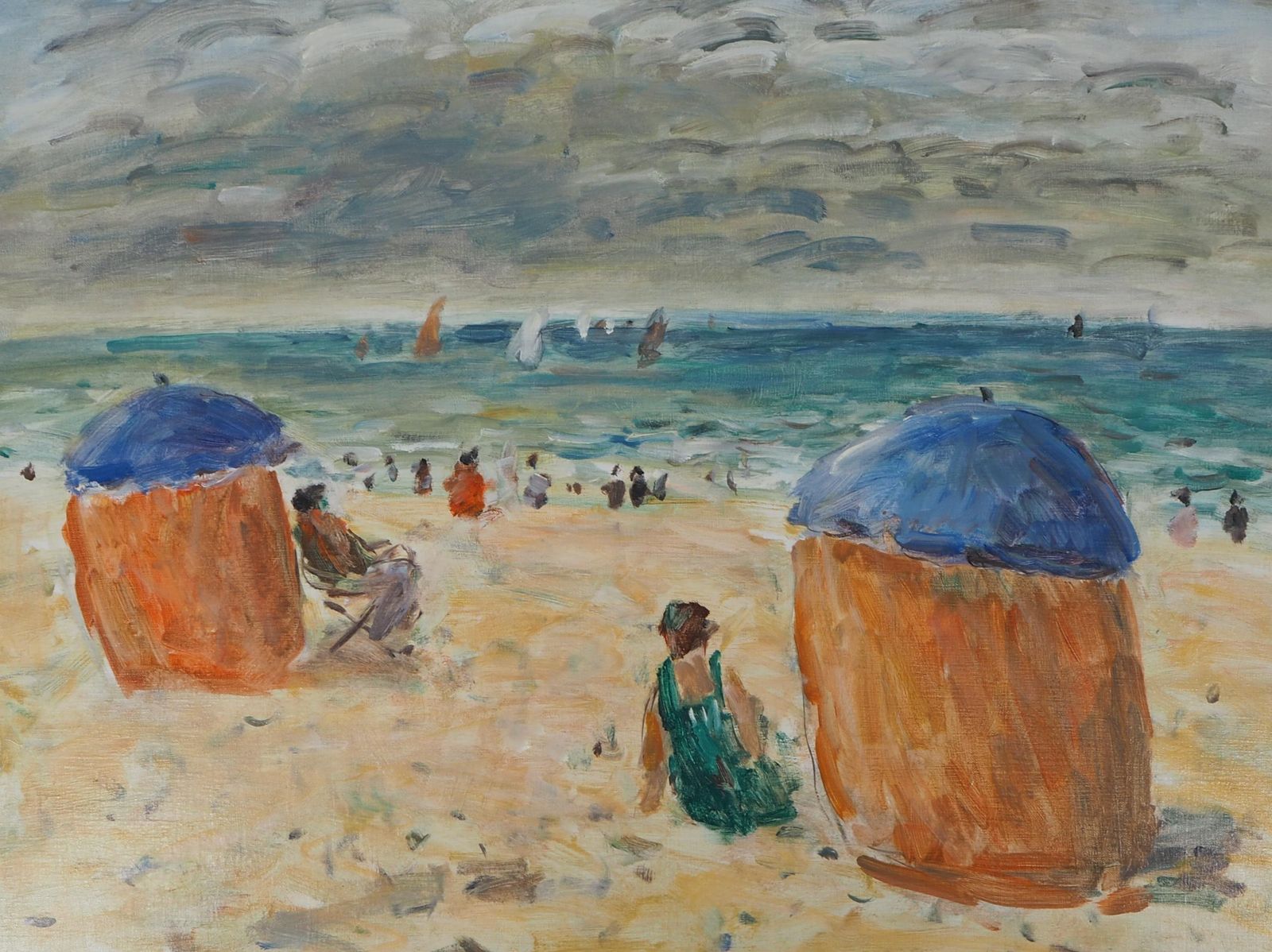 Jean Jacques Rene Normandy : The Colorful Tents On Houlgate Beach   Oil On Canvas, Hansigned photo Art