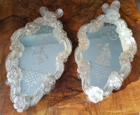 Venetian Murano Crystal Mirror With Lovers, 1940s, Set Of 2 photo for sale