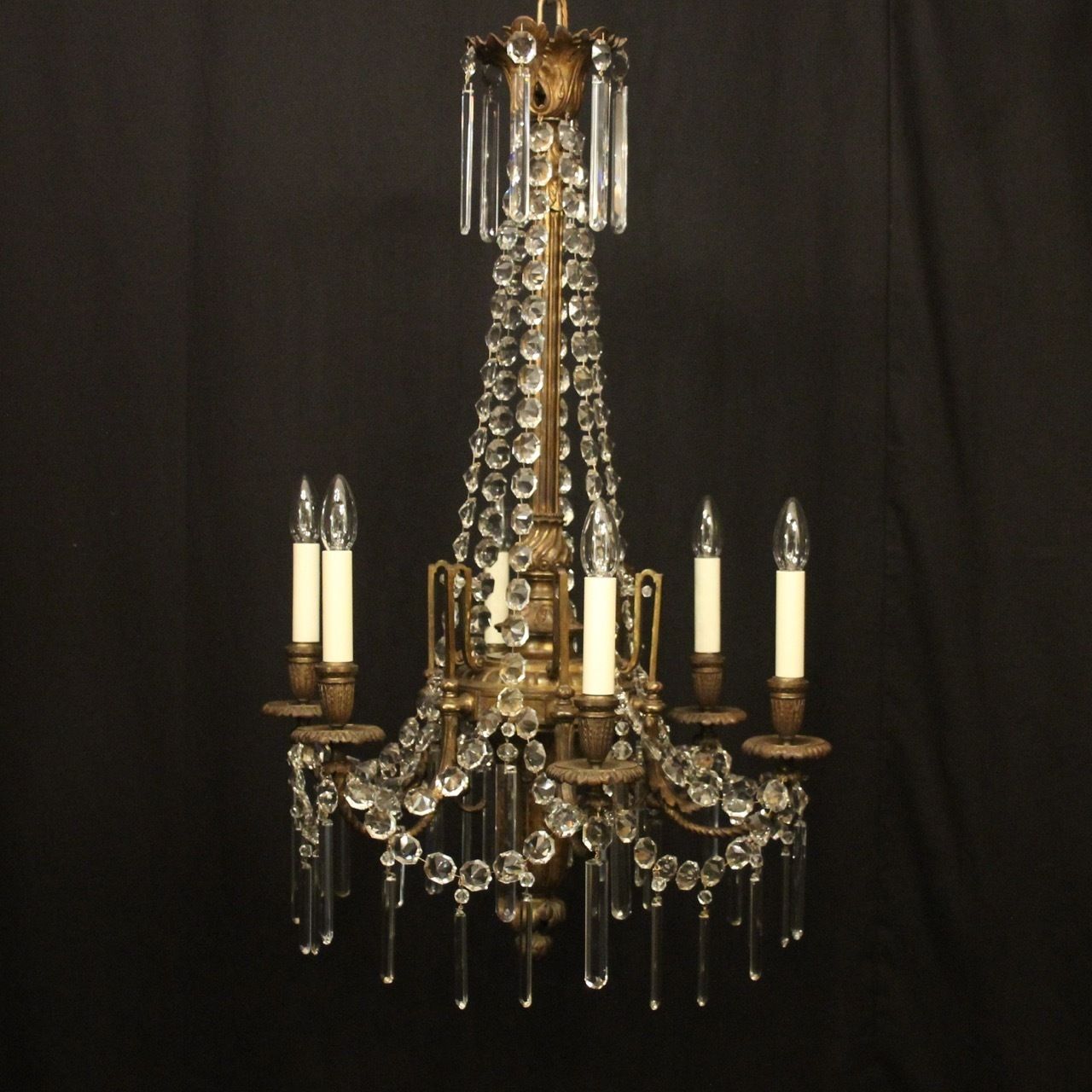 French Gilded Bronze 6 Light Antique Chandelier