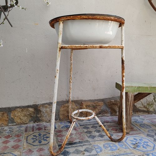 Antique 1920s Hungarian Wash Basin Stand – Rustic Metal With Bowl, Bird Bath photo for sale