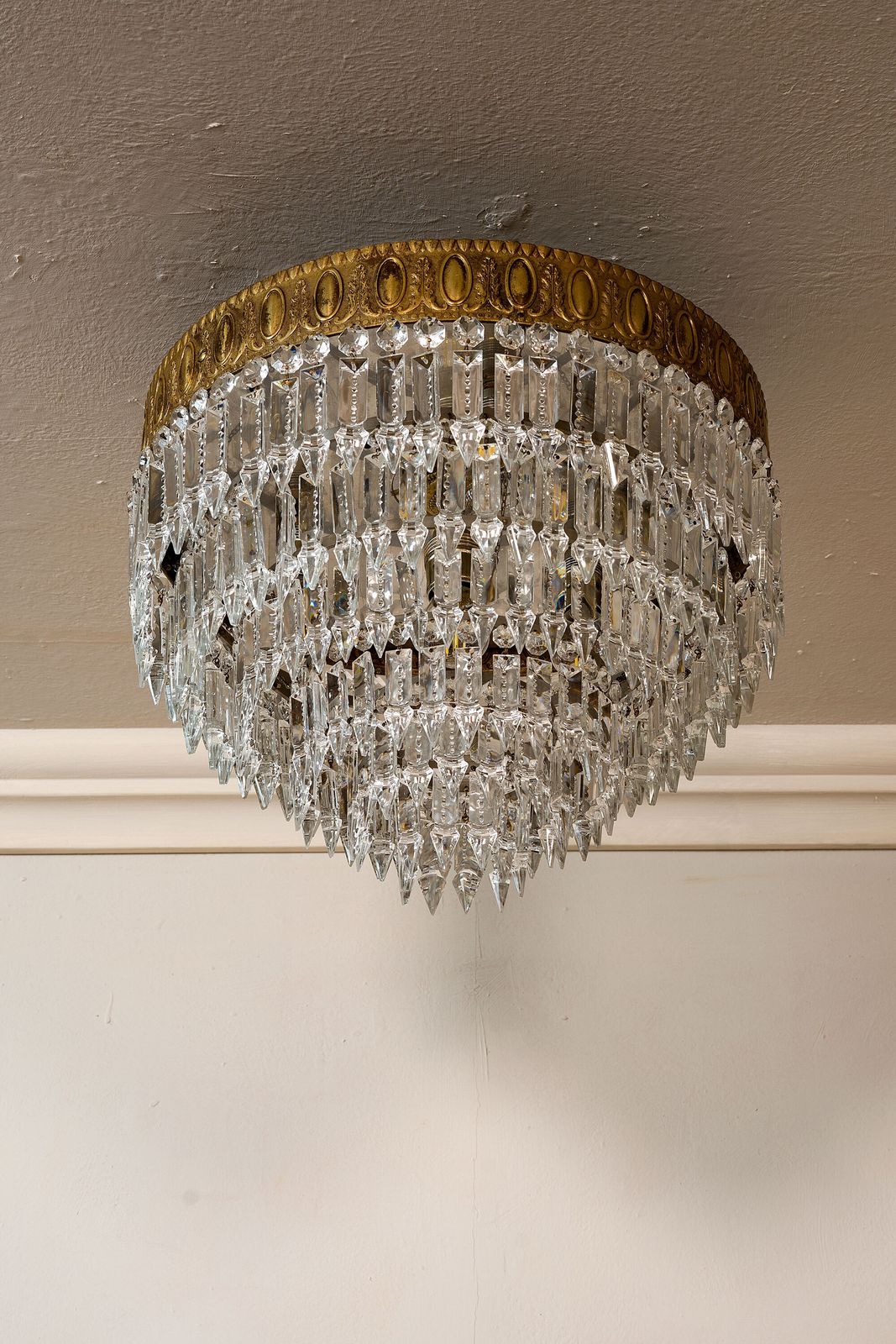 1120.0 Vintage Empire Style Ceiling Light In Bronze With Hanging Crystal Drops – 1950s Ceiling Fixture photo