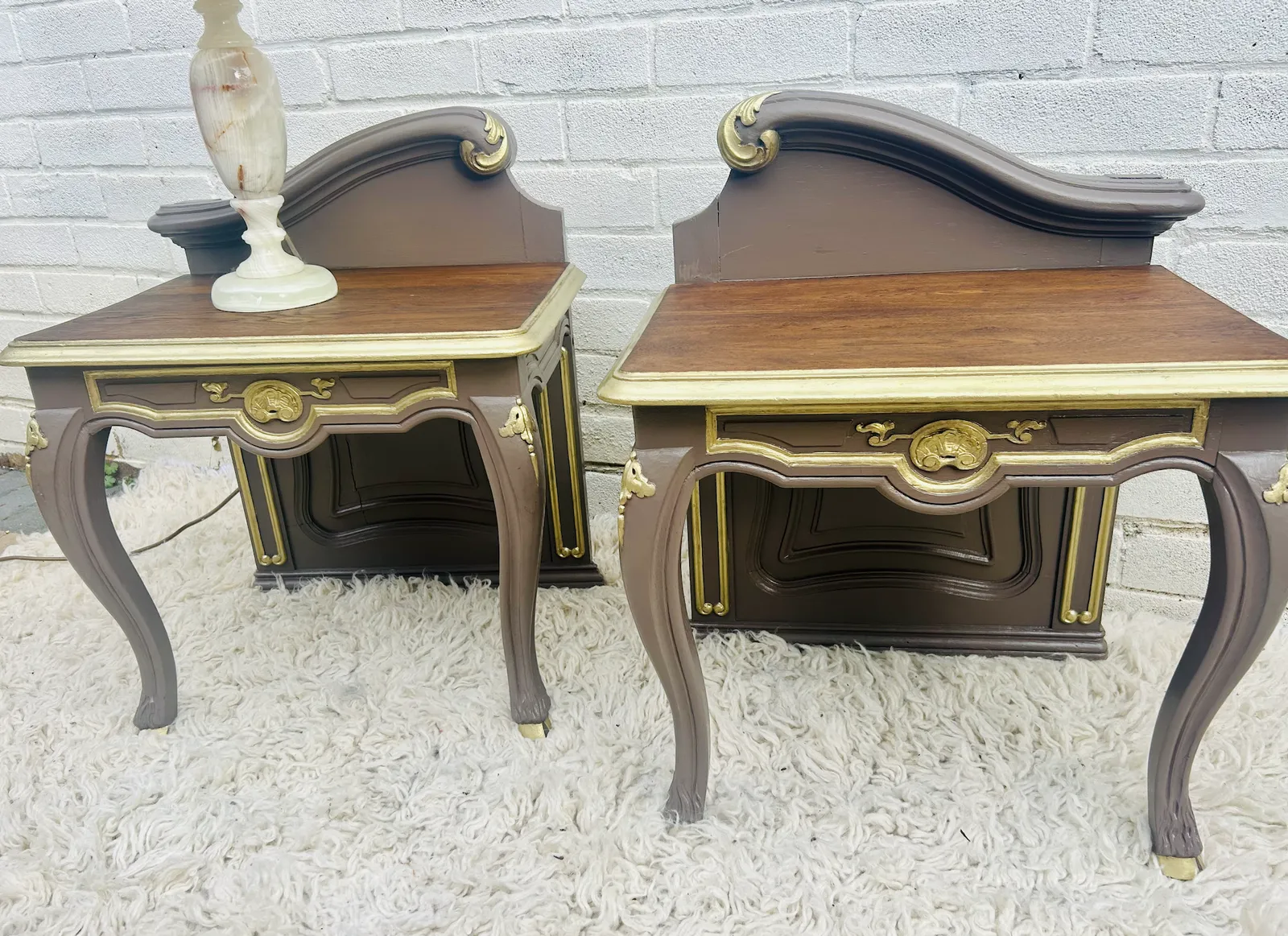 Elegant Detailed Side Table Pair In Coffee And Gold   Unusual photo for sale