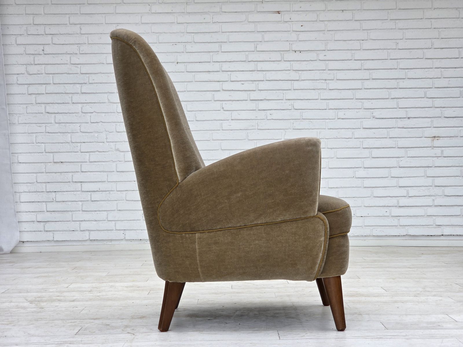 1970s, Danish Armchair, Green Furniture Velour, Beech Wood Legs. photo vintage