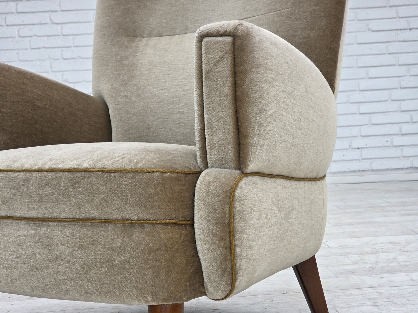 photo buy 1970s, Danish Armchair, Green Furniture Velour, Beech Wood Legs.