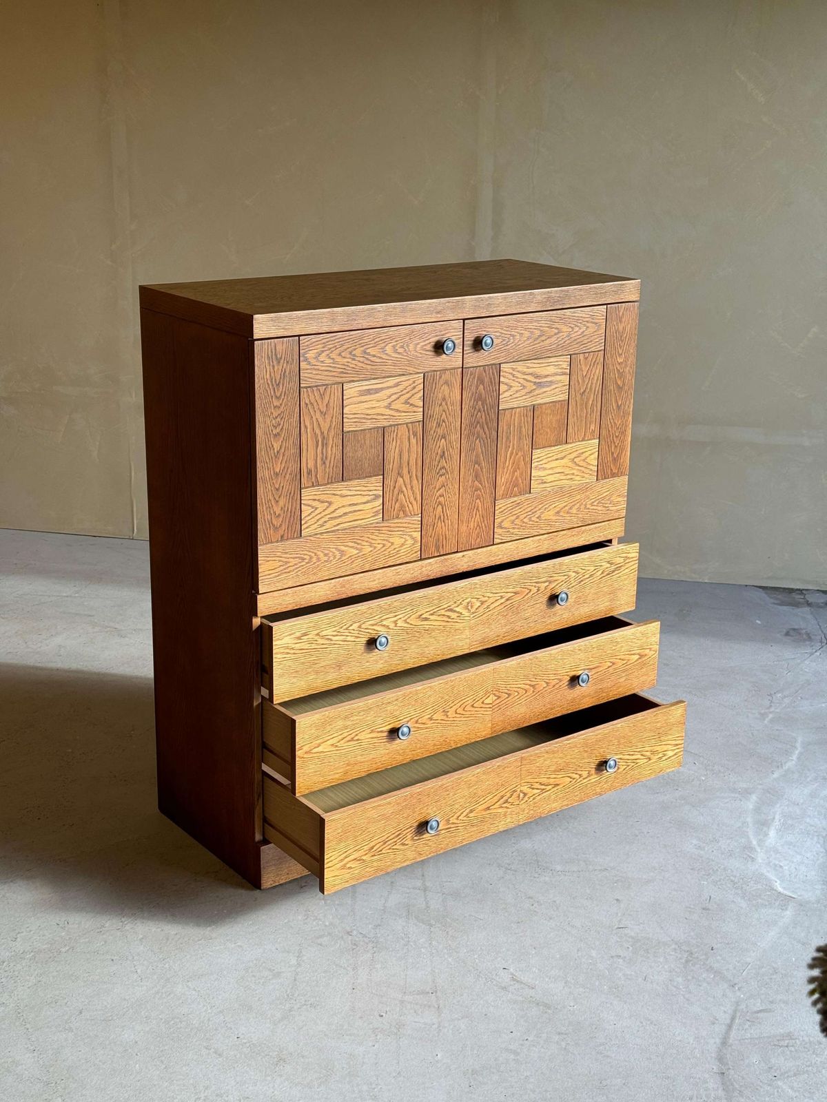 Natural Oak Brutalist Bar Cabinet With Drawers, 1980s photo vinterior
