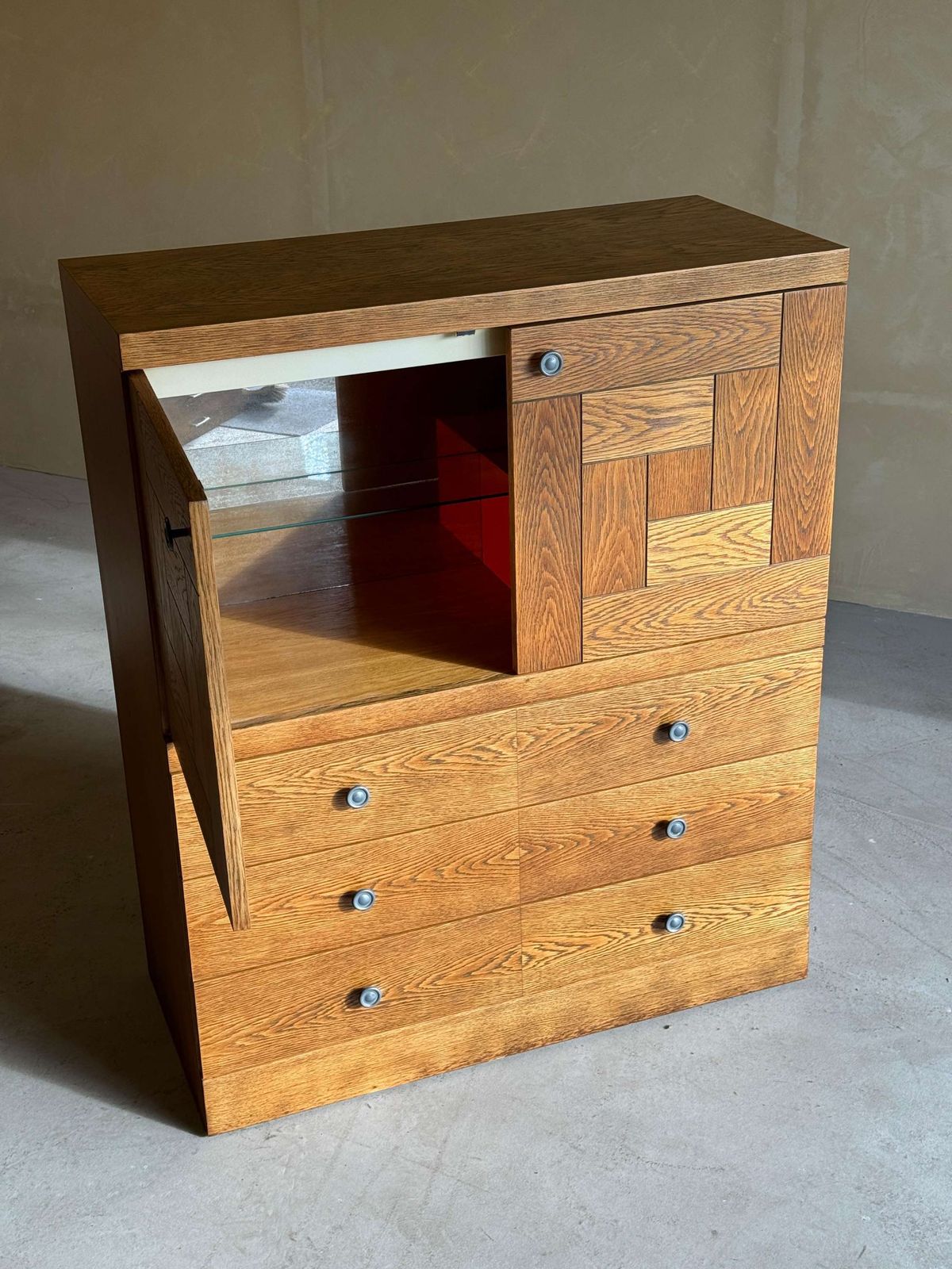 Natural Oak Brutalist Bar Cabinet With Drawers, 1980s photo buy