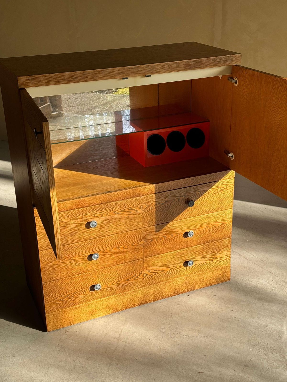 Natural Oak Brutalist Bar Cabinet With Drawers, 1980s photo vintage