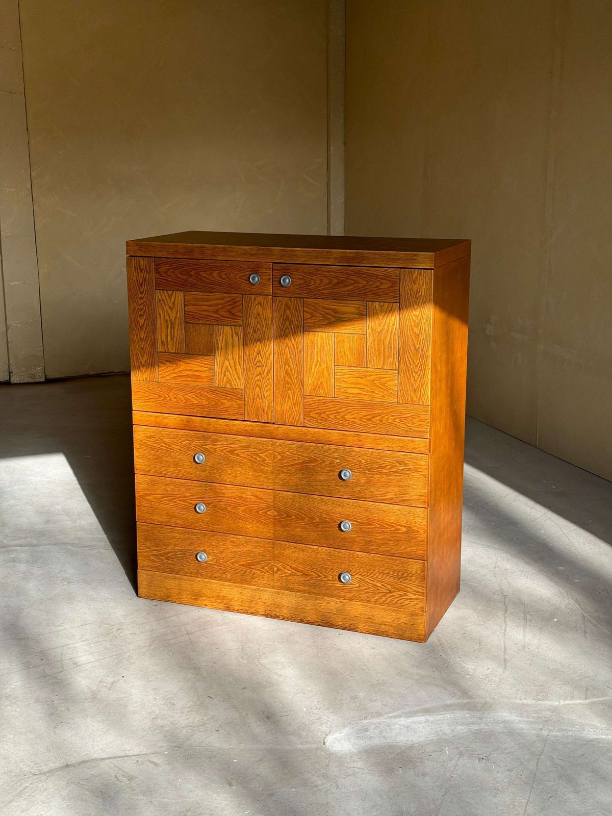 Furniture Natural Oak Brutalist Bar Cabinet With Drawers, 1980s photo