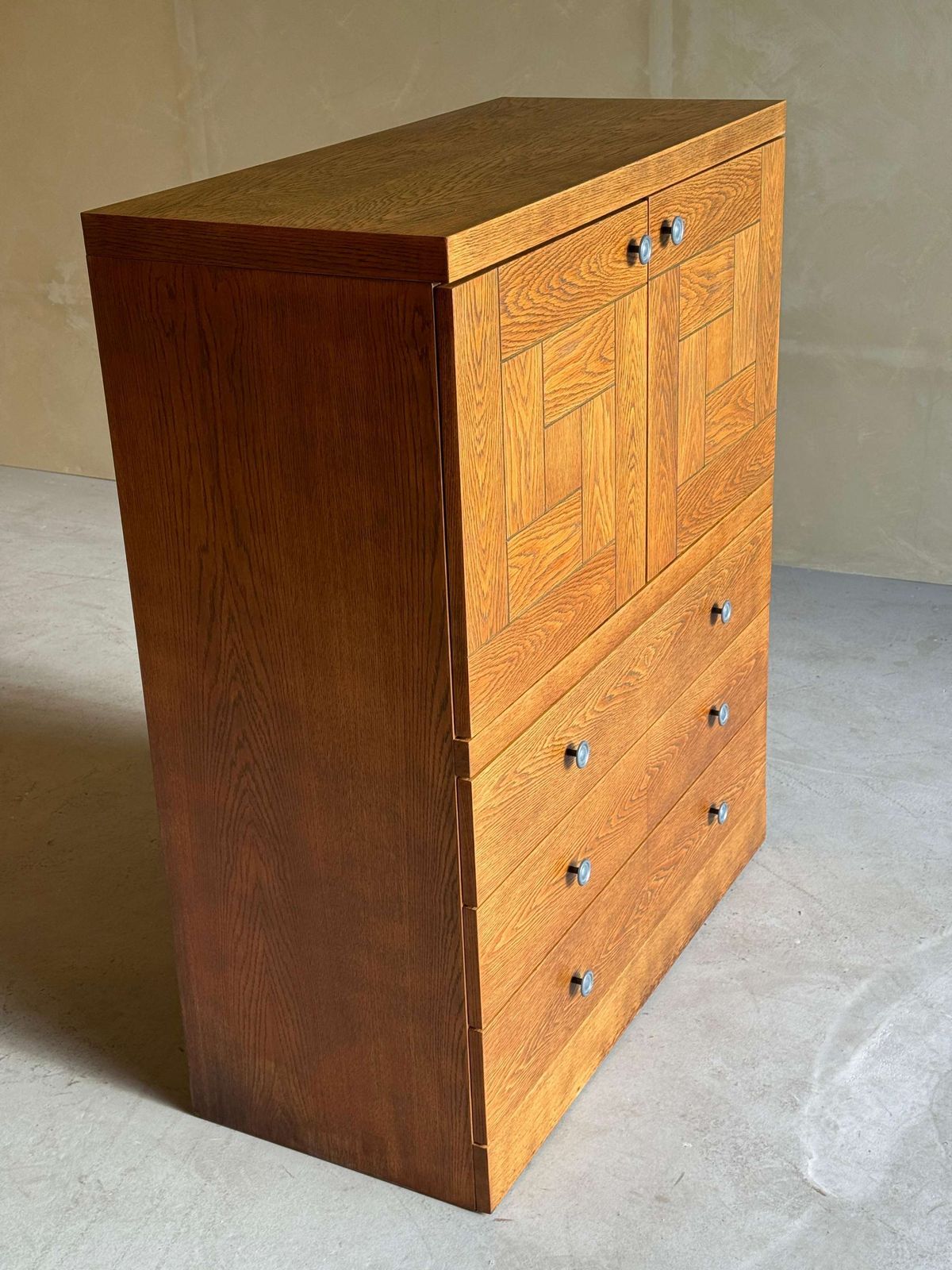 photo buy Natural Oak Brutalist Bar Cabinet With Drawers, 1980s