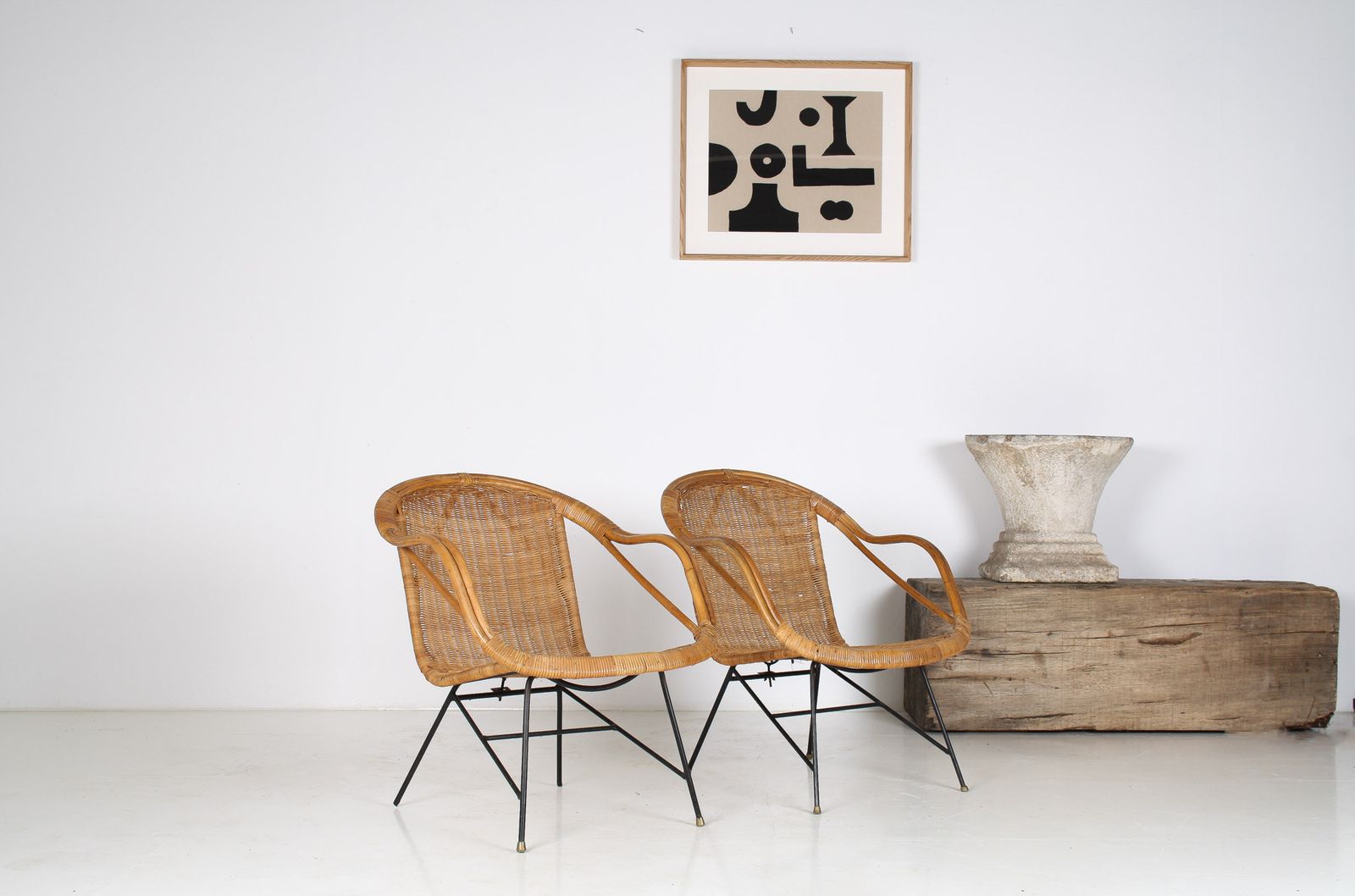 A Pair Of 1950s Mid Century Rattan Basket Chairs In The Manner Of Arthur Umanoff photo for sale