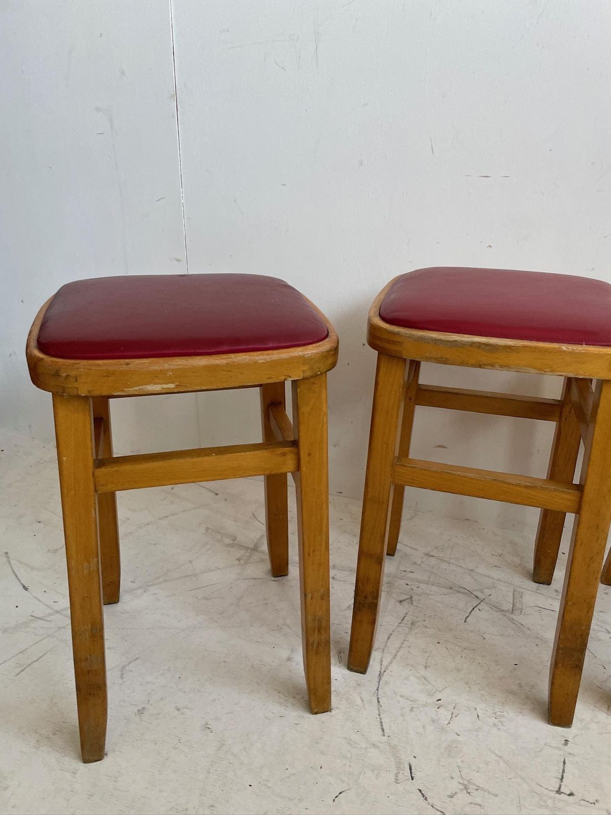 Set Of 3 Romanian Mid Century Wooden Stools With Red Vinyl Seats photo Furniture